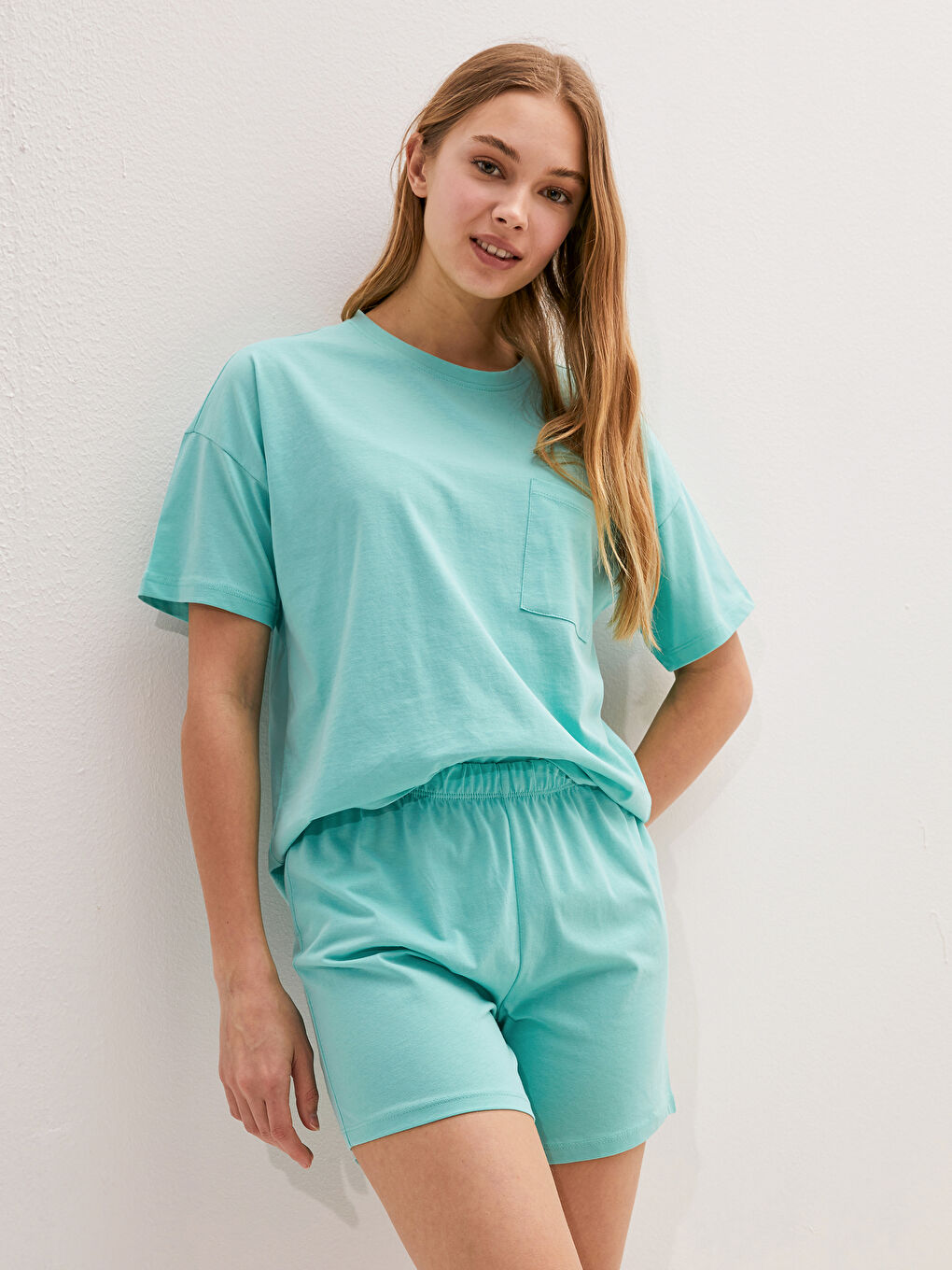 Crew Neck Straight Short Sleeve Cotton Women's Short Pajamas Set-6