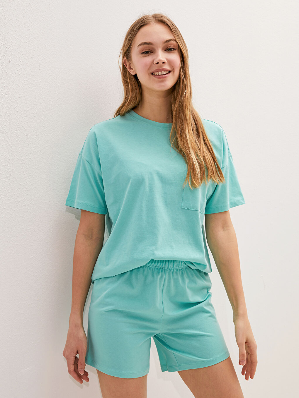 Crew Neck Straight Short Sleeve Cotton Women's Short Pajamas Set-7