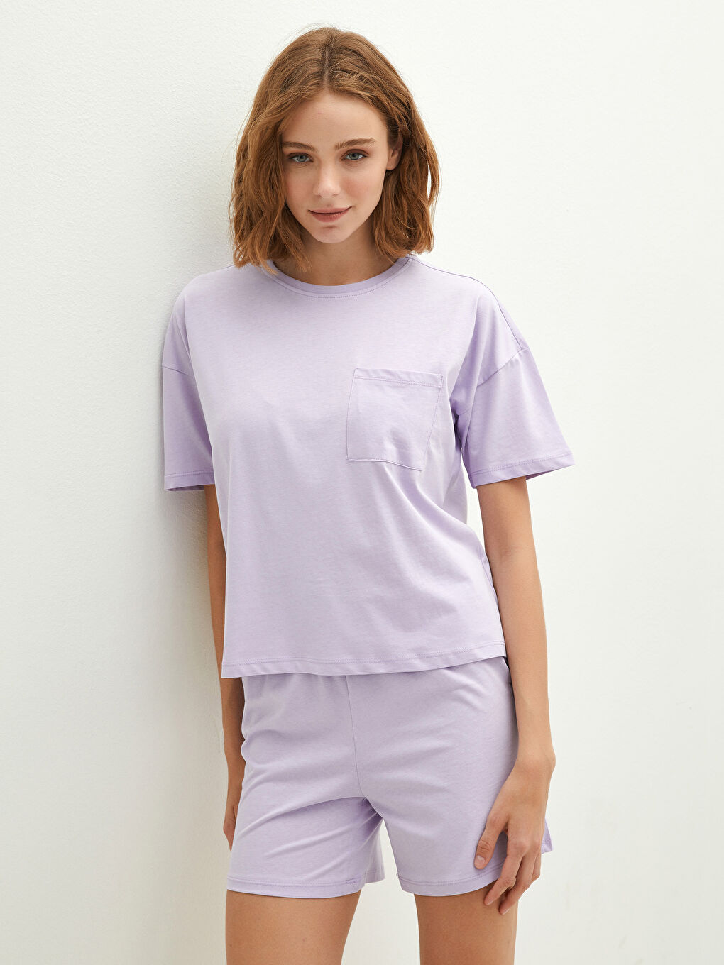 Crew Neck Straight Short Sleeve Cotton Women's Short Pajamas Set-1