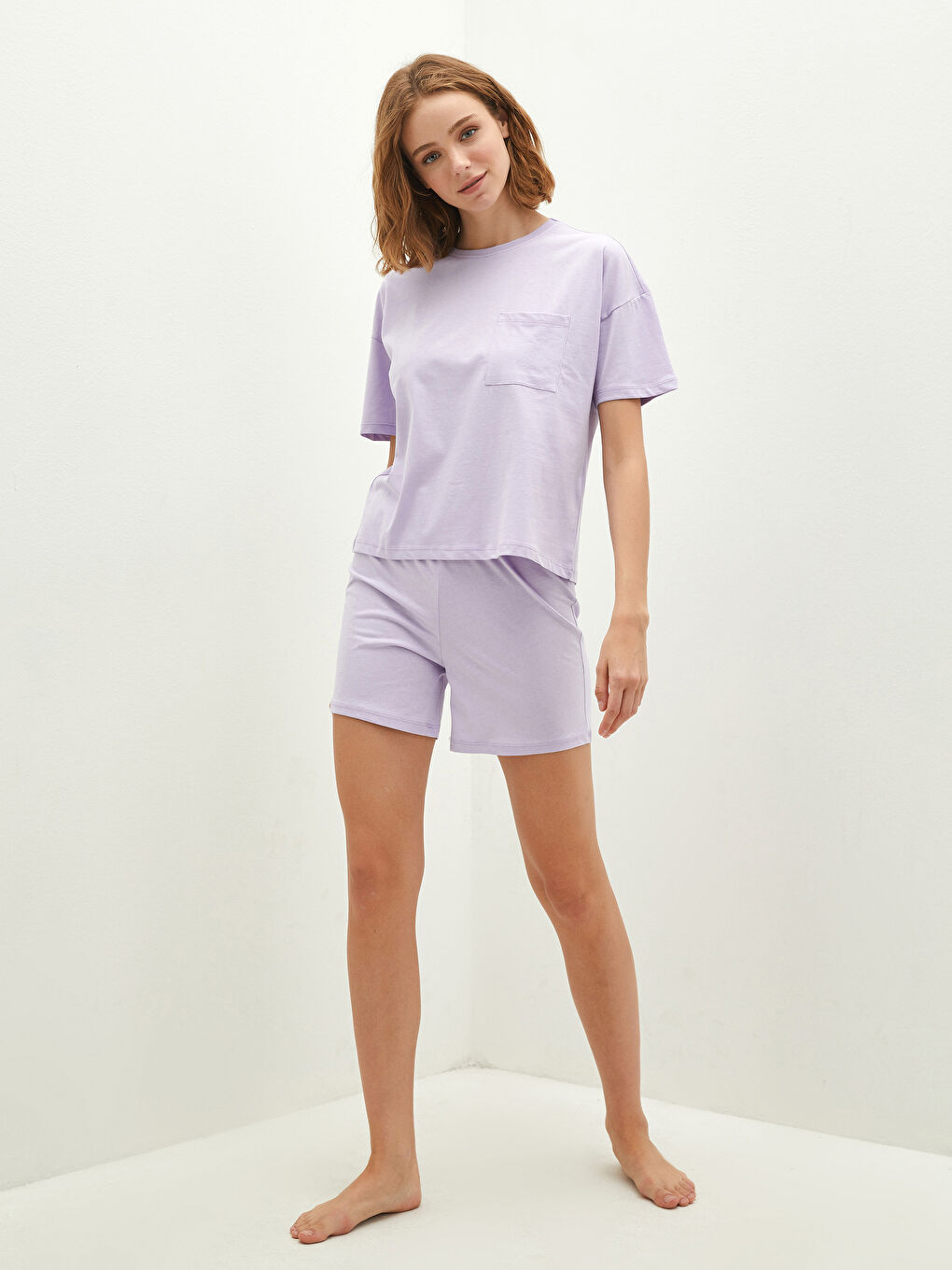 Crew Neck Straight Short Sleeve Cotton Women's Short Pajamas Set-3