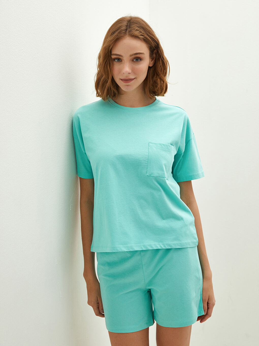 Crew Neck Straight Short Sleeve Cotton Women's Short Pajamas Set-1