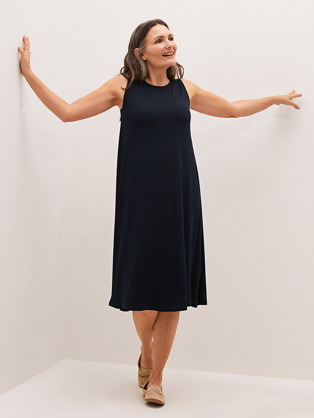 Lacivert Kadın Bisiklet Yaka Düz Elbise