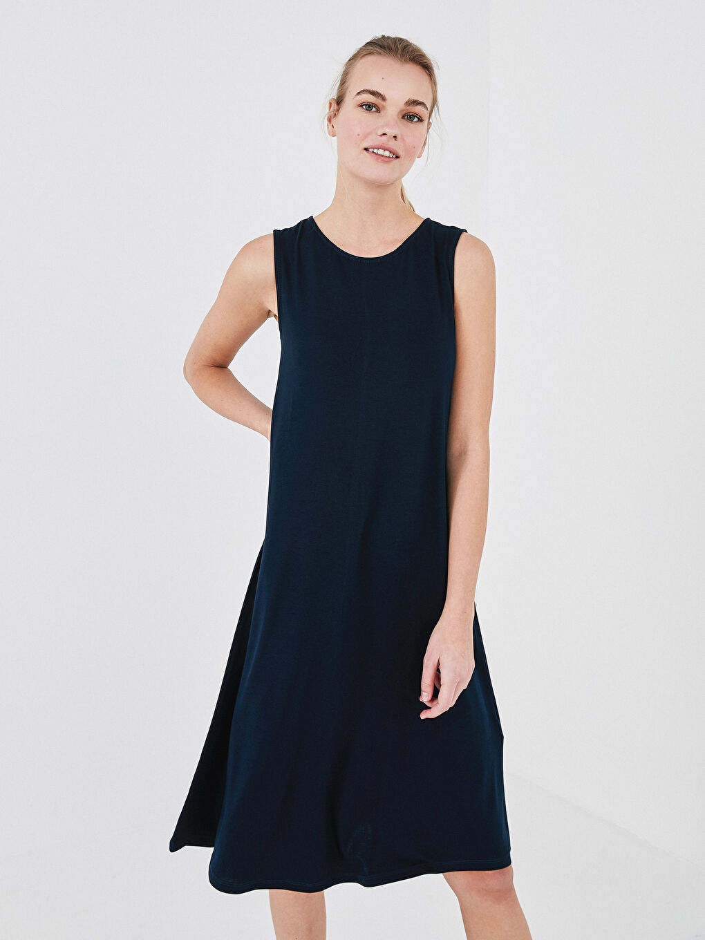 Lacivert Kadın Bisiklet Yaka Düz Elbise-2