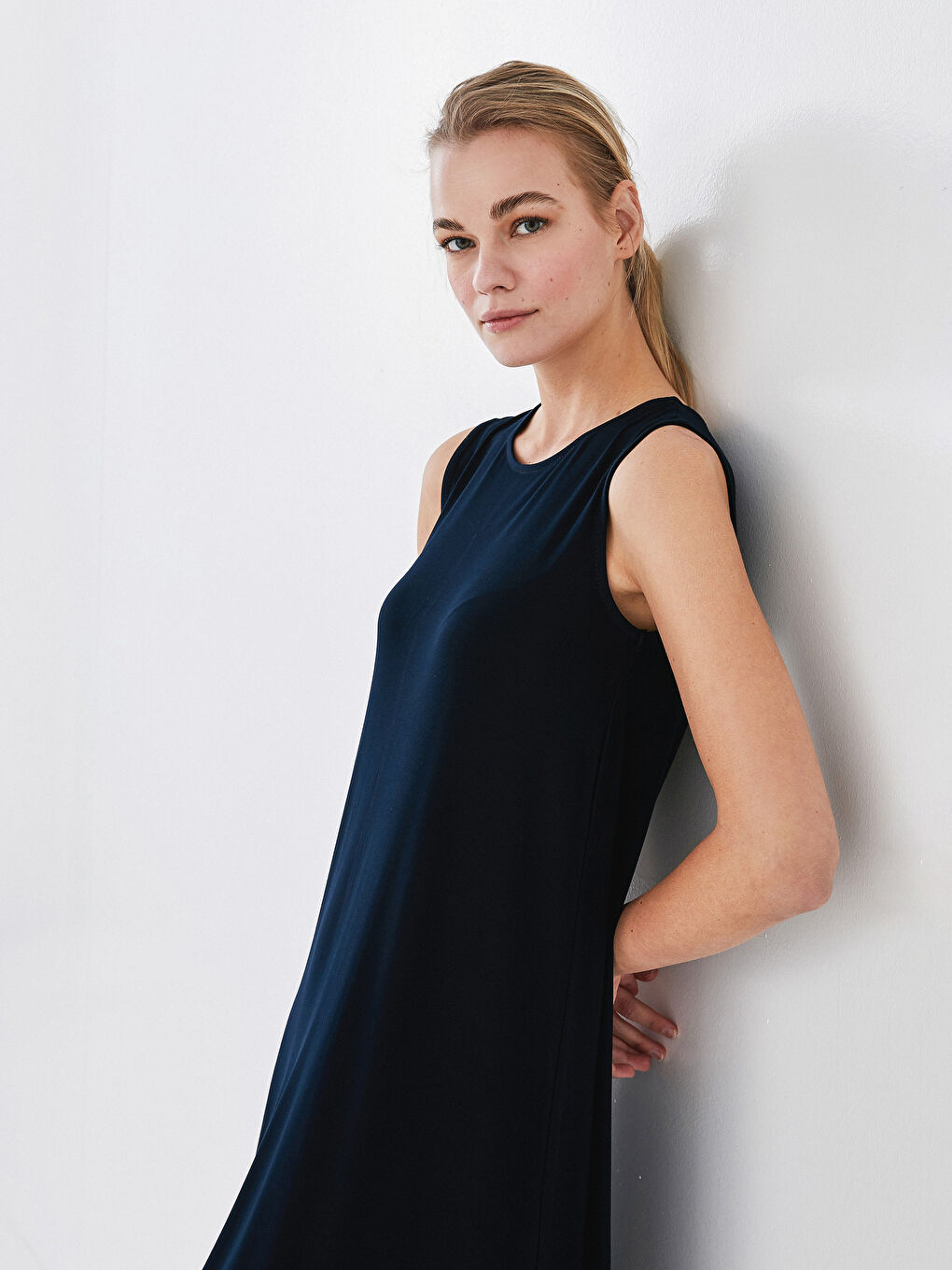 Lacivert Kadın Bisiklet Yaka Düz Elbise-3