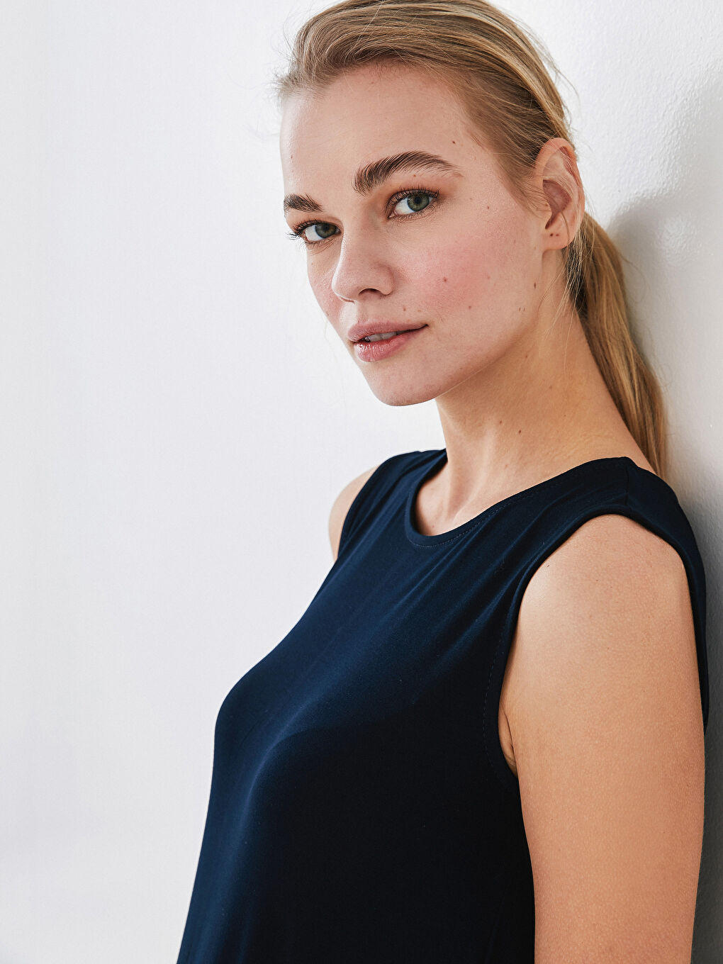 Lacivert Kadın Bisiklet Yaka Düz Elbise-4