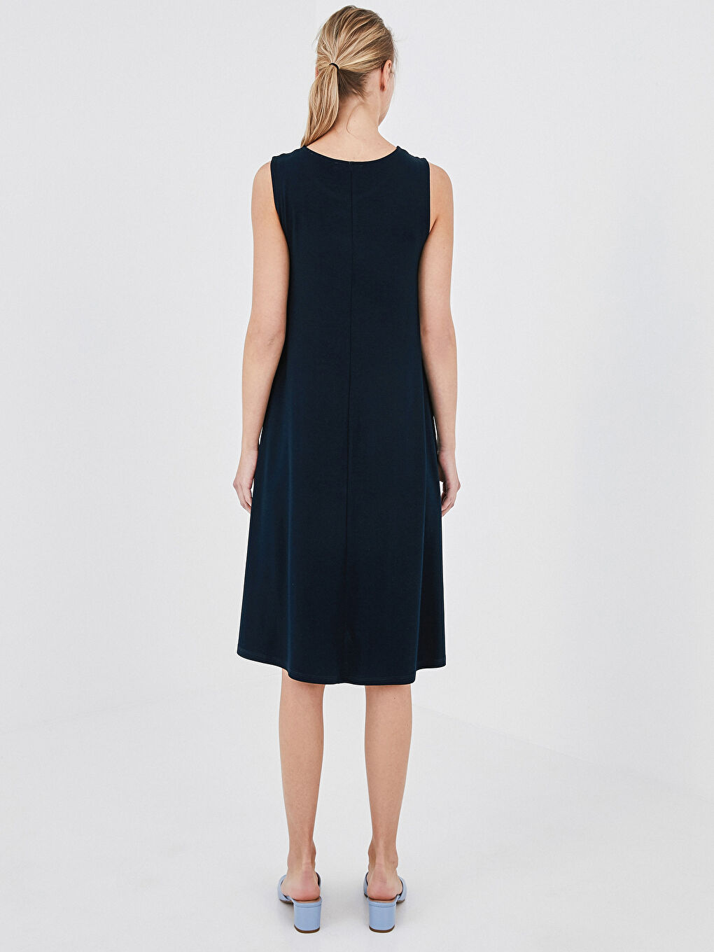 Lacivert Kadın Bisiklet Yaka Düz Elbise-5