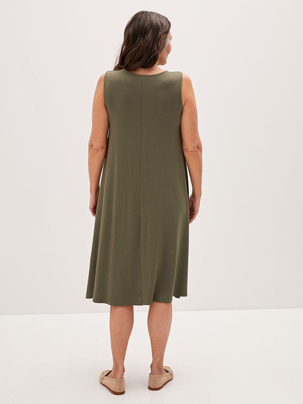 Haki Kadın Bisiklet Yaka Düz Elbise-3