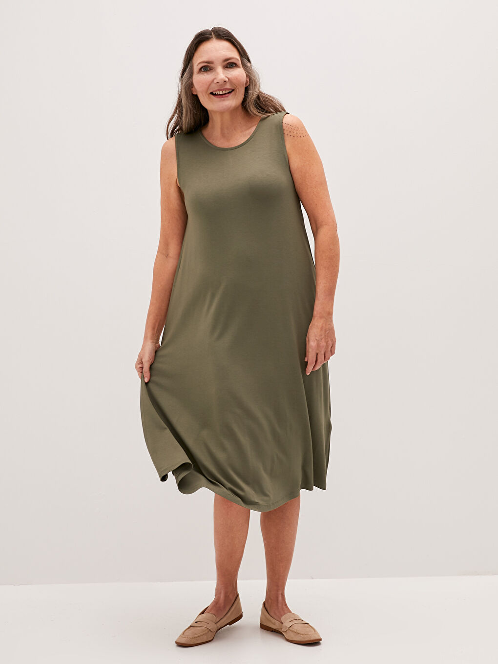 Haki Kadın Bisiklet Yaka Düz Elbise-4