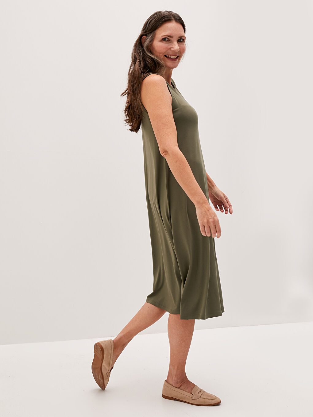 Haki Kadın Bisiklet Yaka Düz Elbise