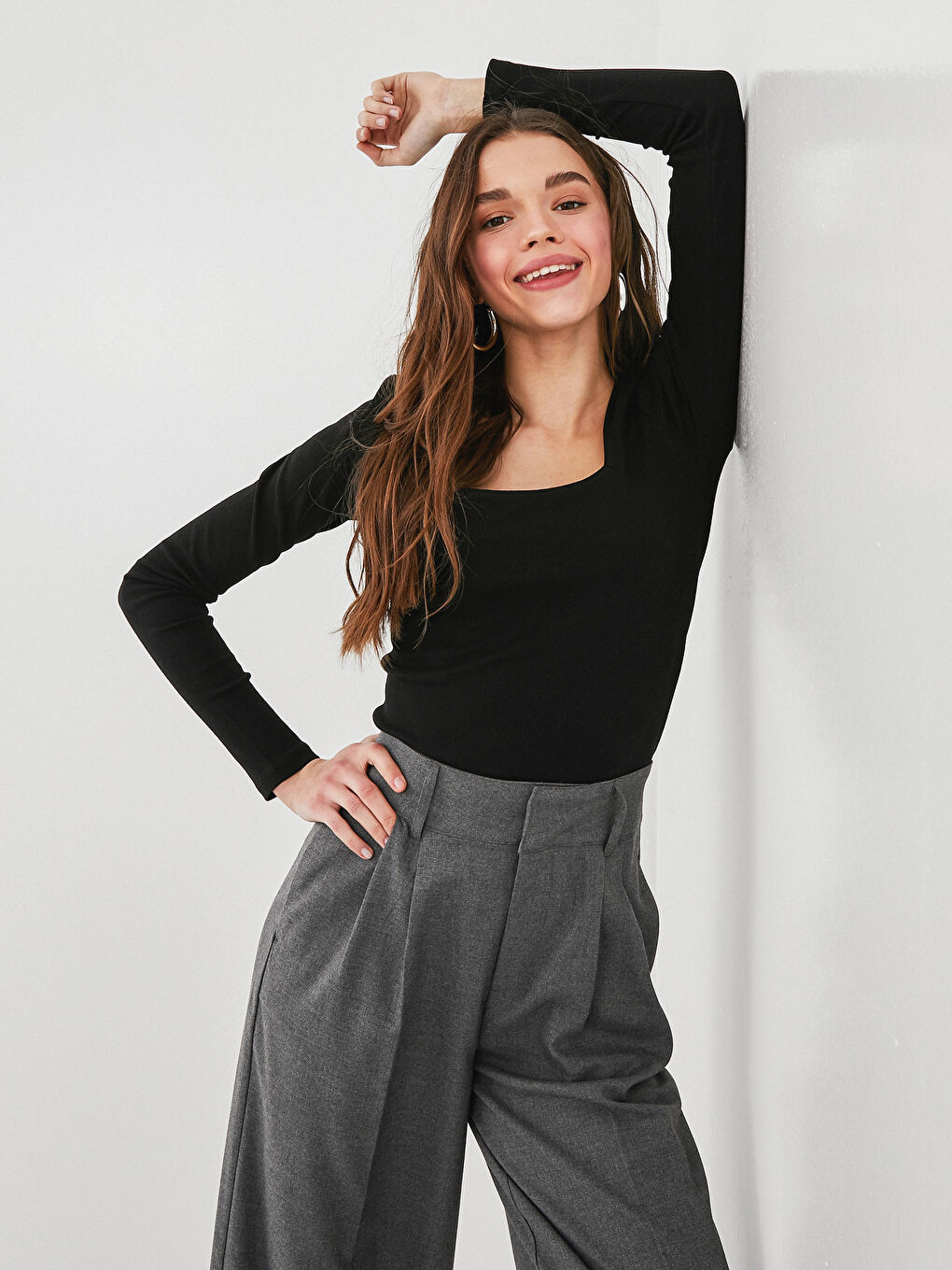 Square Collar Plain Long Sleeve Women's T-Shirt-4