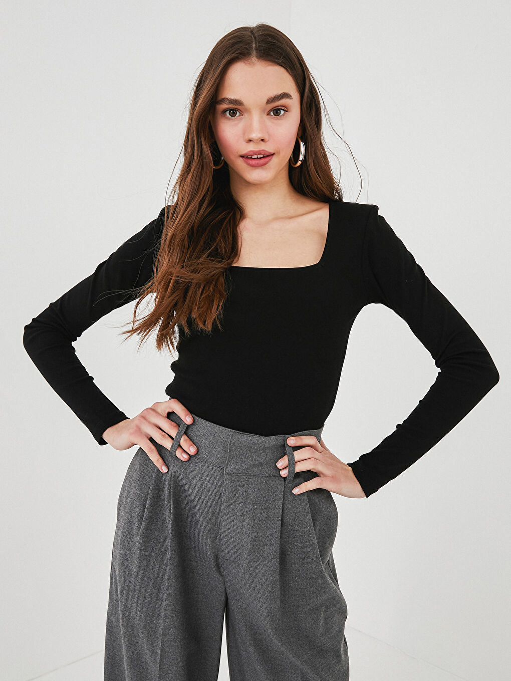 Square Collar Plain Long Sleeve Women's T-Shirt