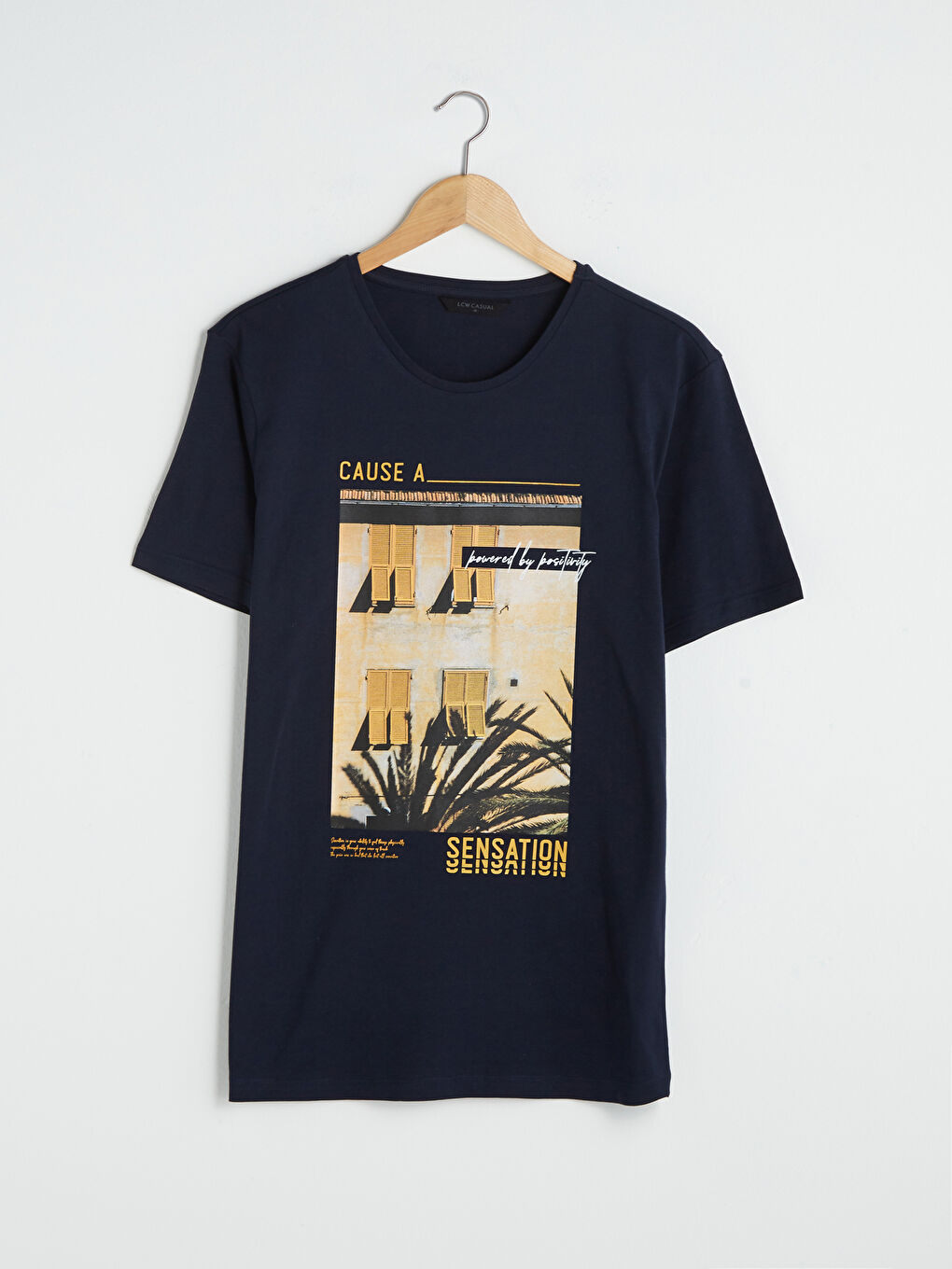 Lacivert Bisiklet Yaka Kısa Kollu Baskılı Penye Erkek Tişört-5