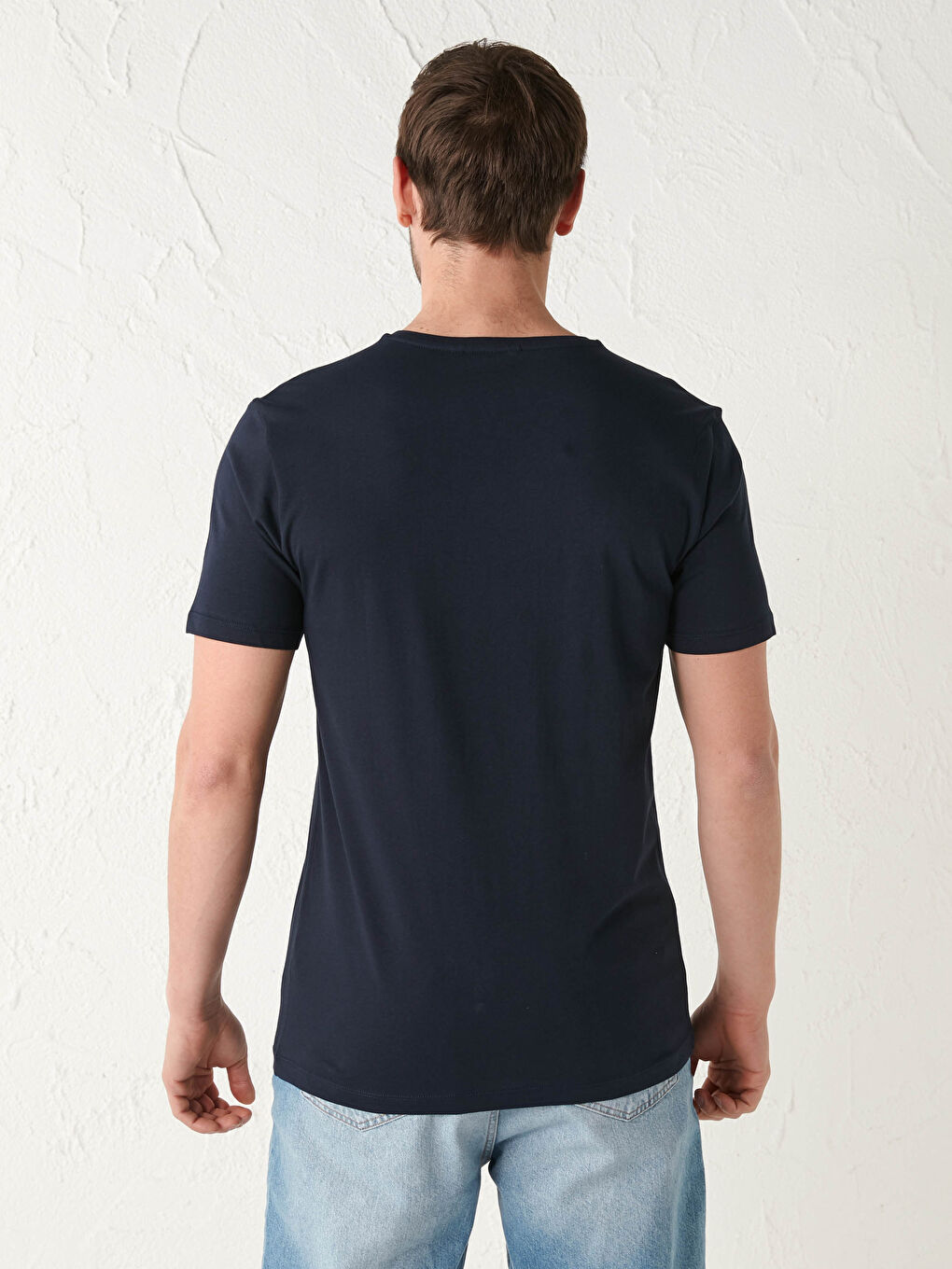 Lacivert Bisiklet Yaka Kısa Kollu Baskılı Penye Erkek Tişört-3