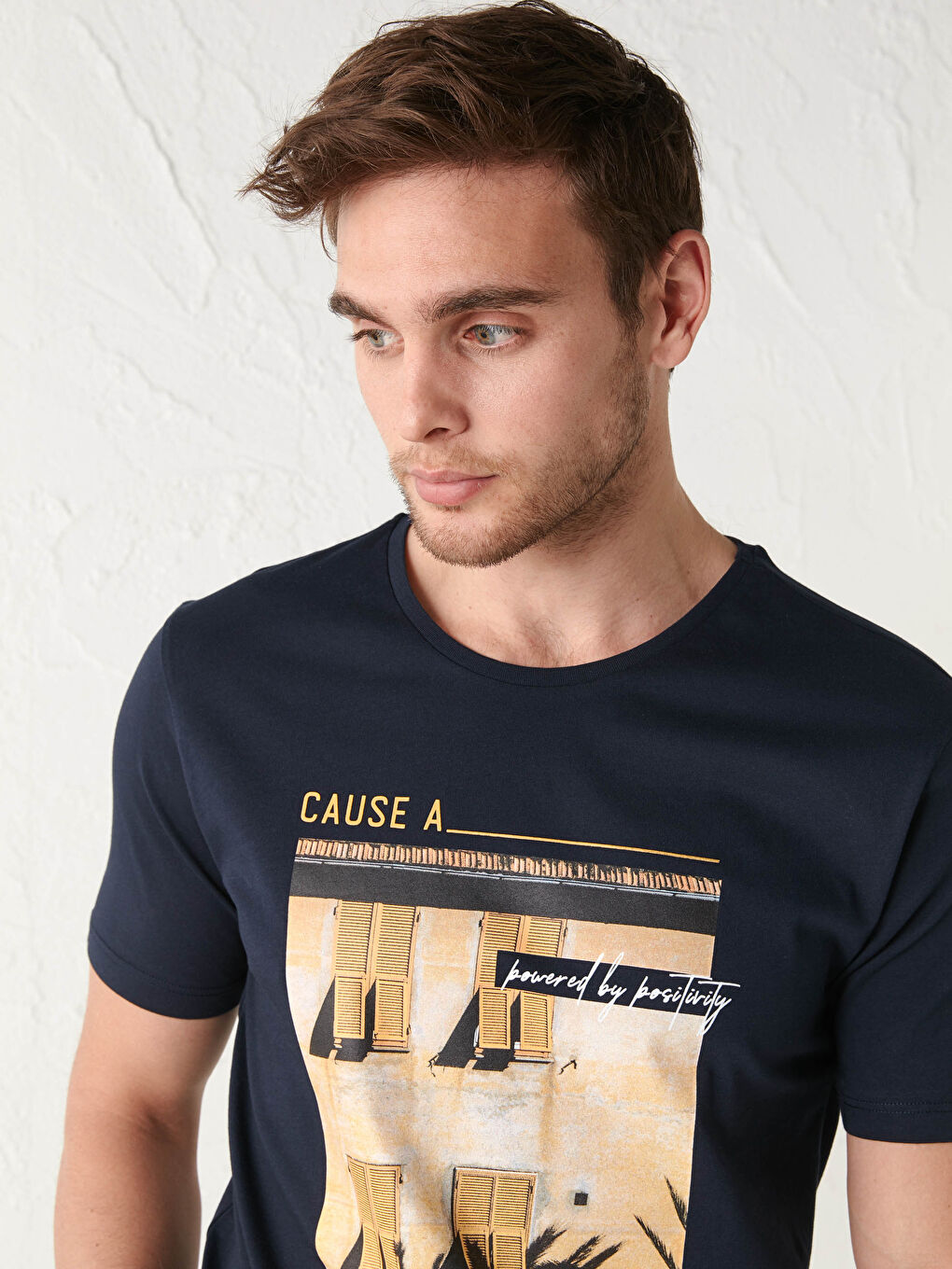 Lacivert Bisiklet Yaka Kısa Kollu Baskılı Penye Erkek Tişört-1