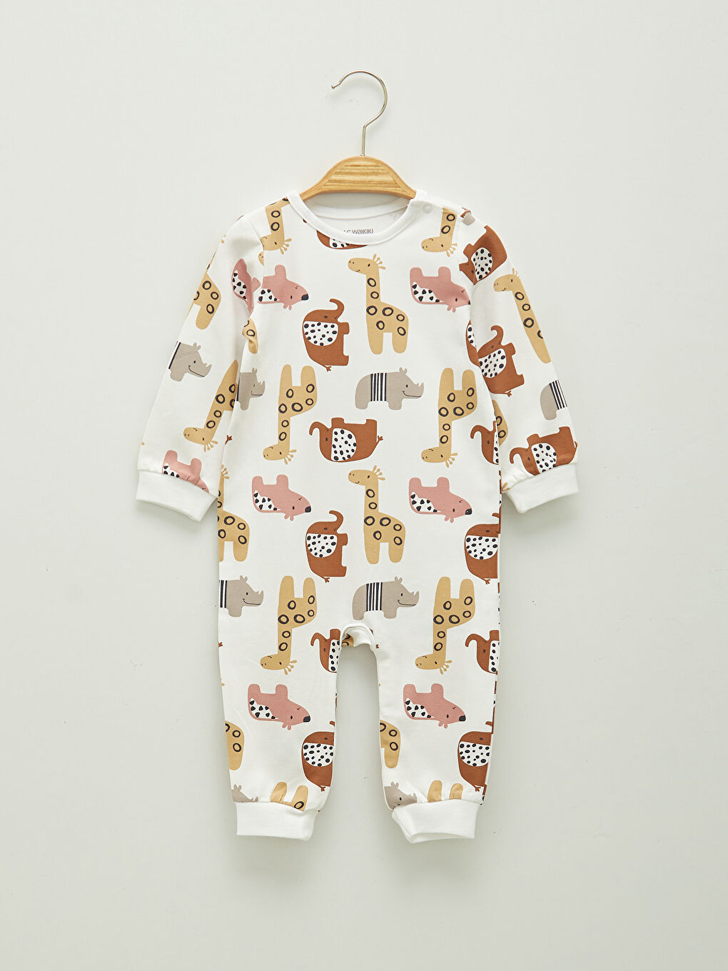 Beyaz Bisiklet Yaka Uzun Kollu Baskılı Unisex Bebek Tulum