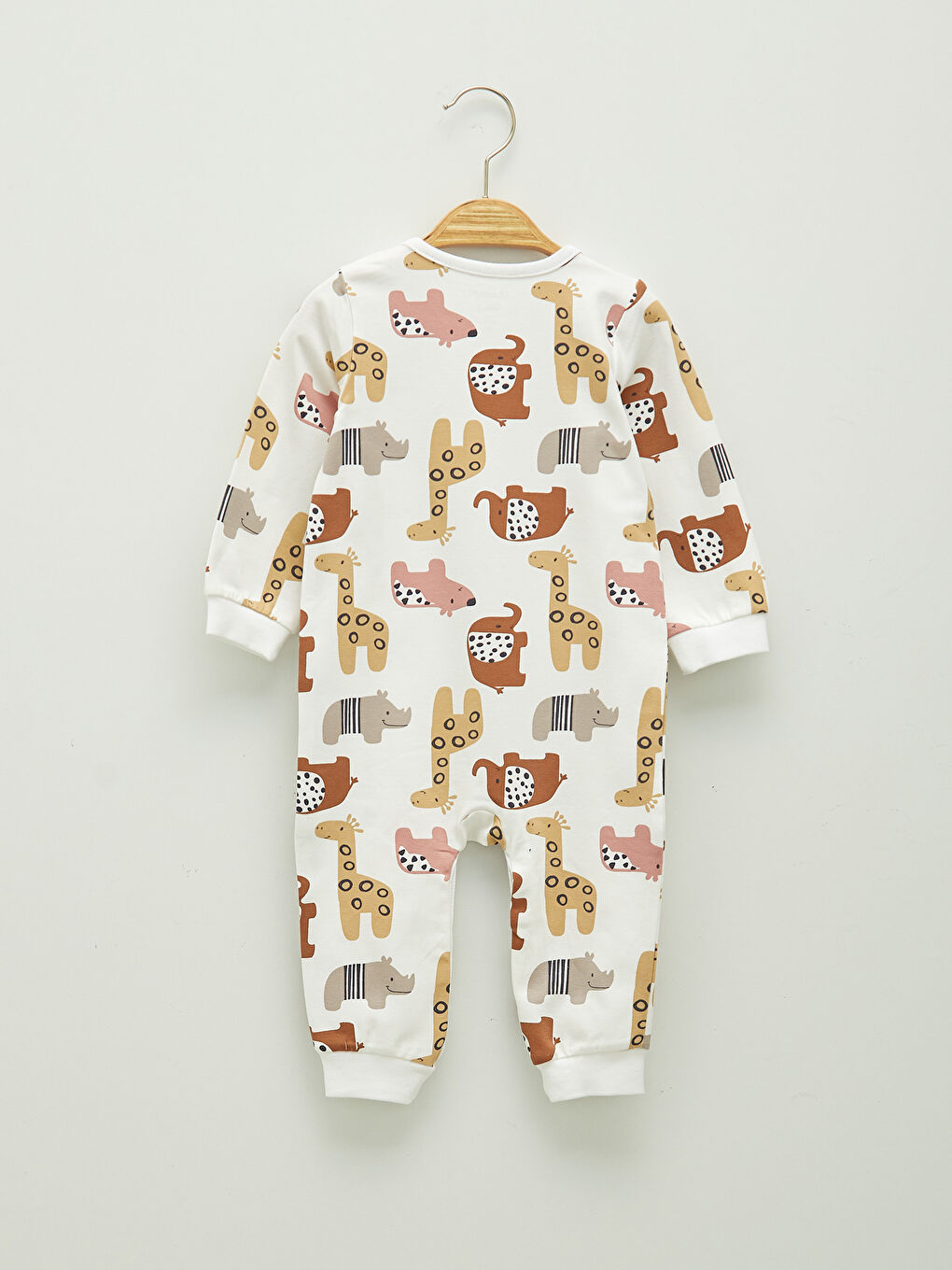 Beyaz Bisiklet Yaka Uzun Kollu Baskılı Unisex Bebek Tulum-1