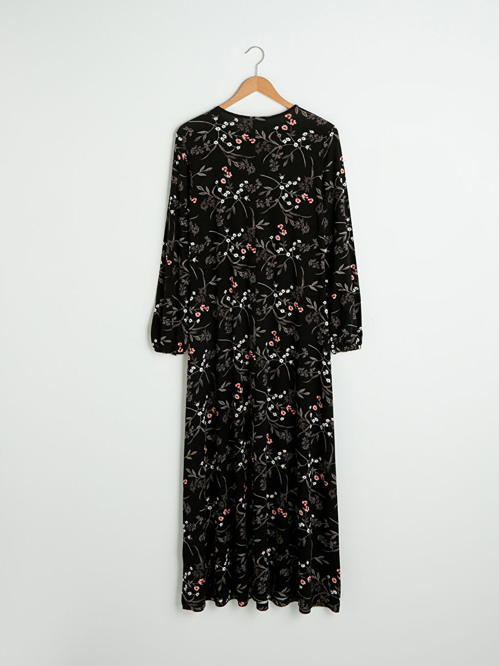 Siyah Bisiklet Yaka Desenli Uzun Kollu Viskon Kadın Elbise-6