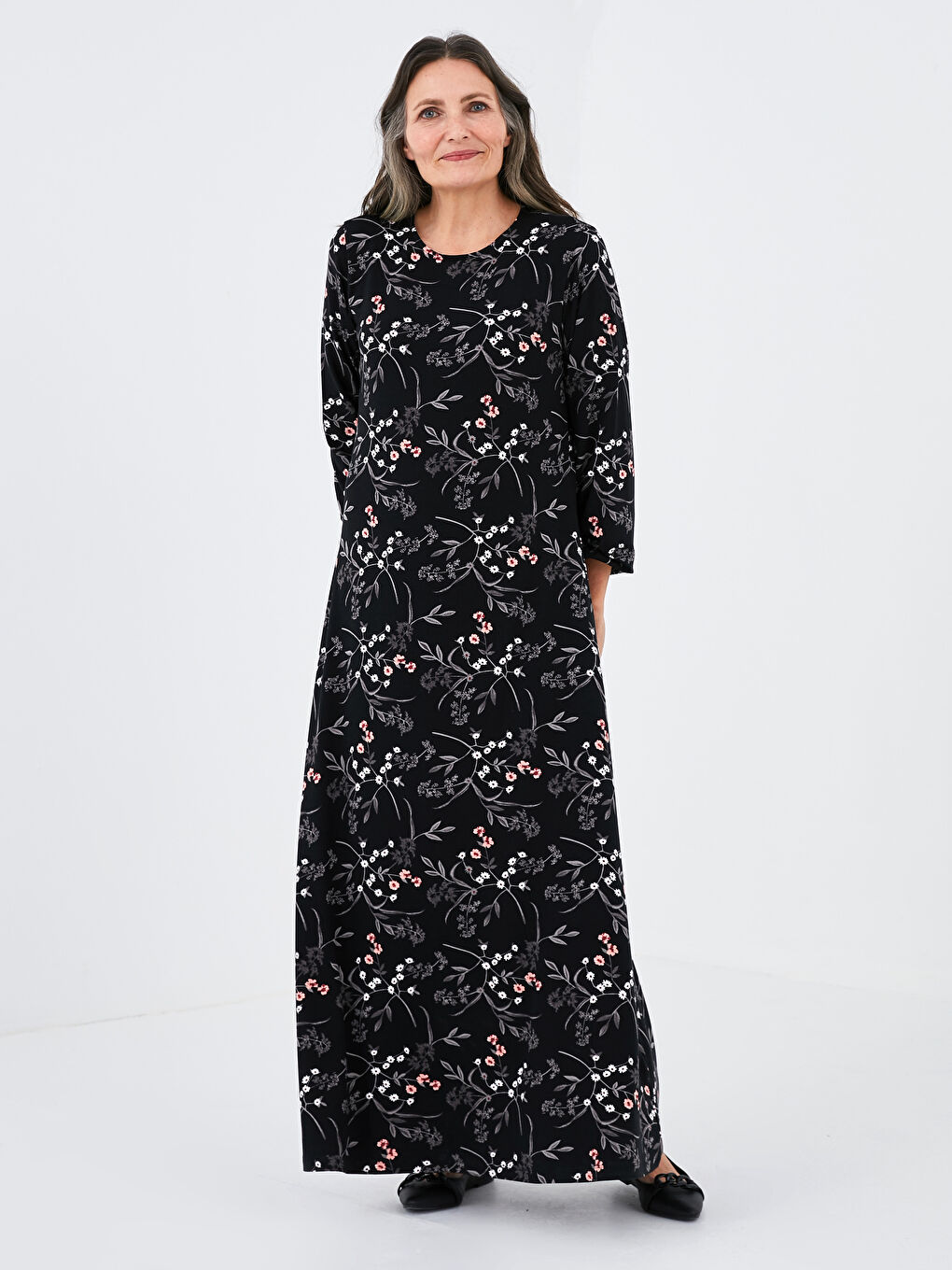 Siyah Bisiklet Yaka Desenli Uzun Kollu Viskon Kadın Elbise-2