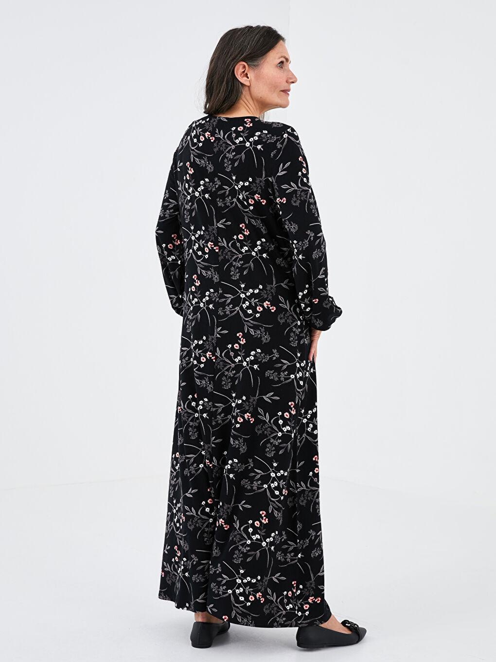 Siyah Bisiklet Yaka Desenli Uzun Kollu Viskon Kadın Elbise-3