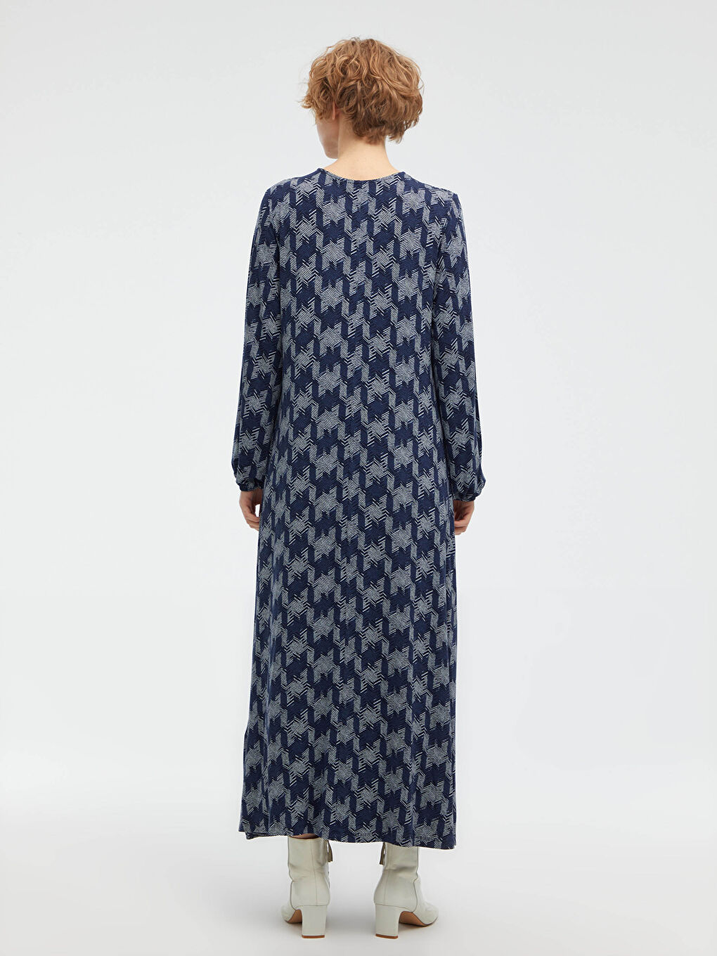 Mavi Bisiklet Yaka Desenli Uzun Kollu Viskon Kadın Elbise-7