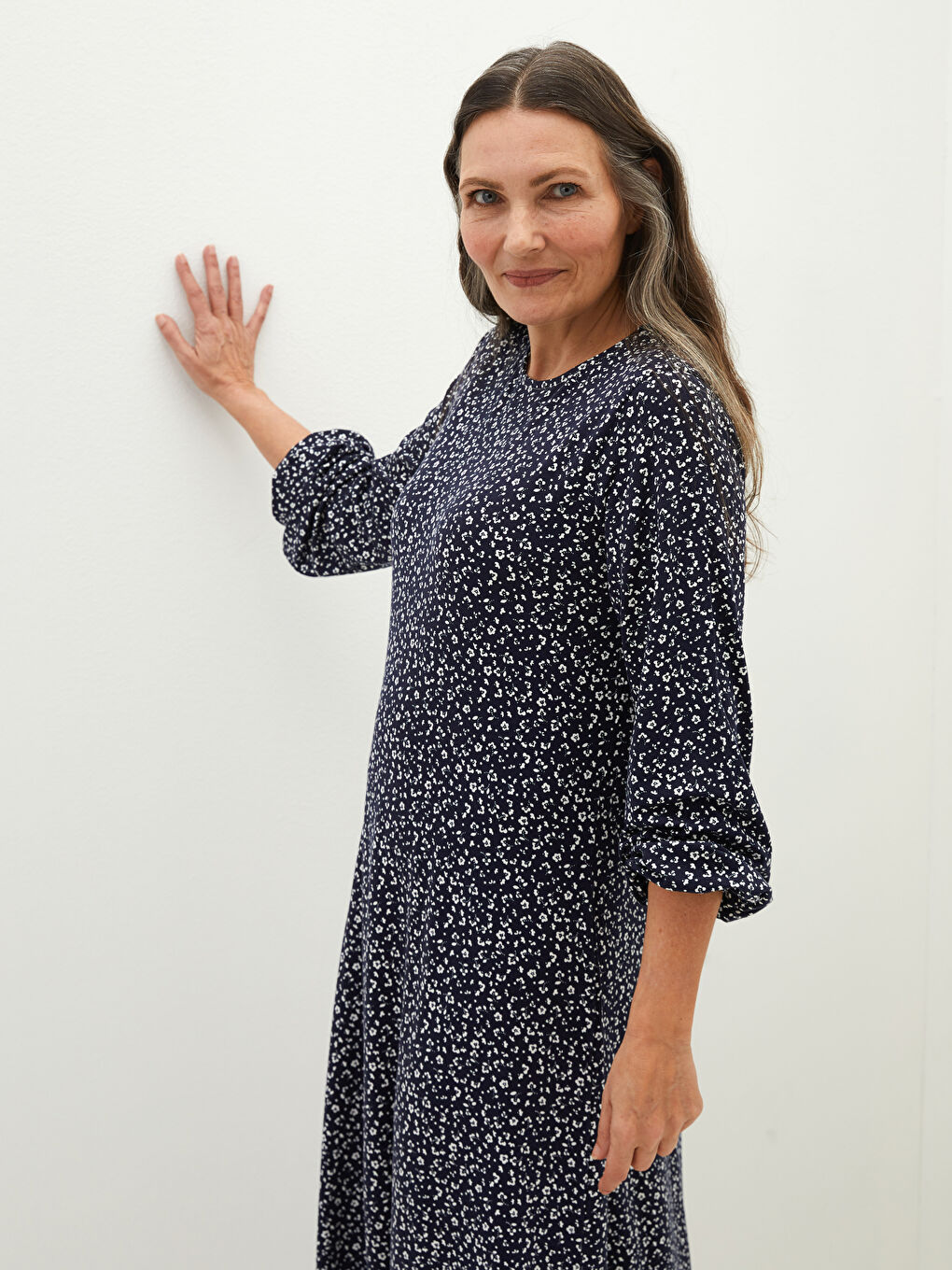 Lacivert Bisiklet Yaka Desenli Uzun Kollu Viskon Kadın Elbise-1