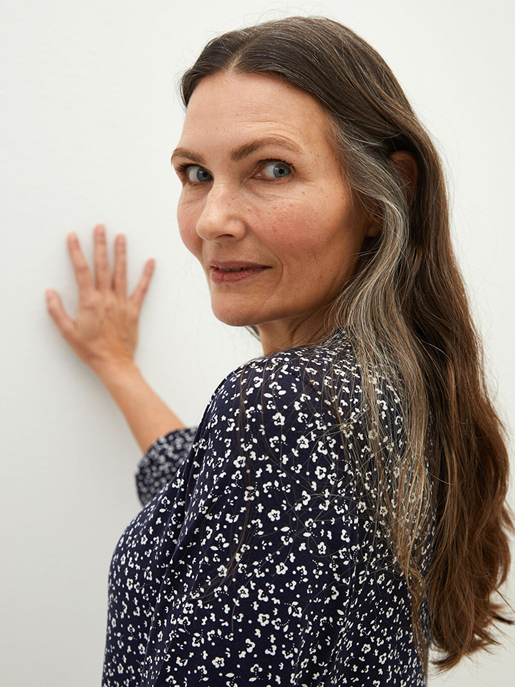 Lacivert Bisiklet Yaka Desenli Uzun Kollu Viskon Kadın Elbise-2