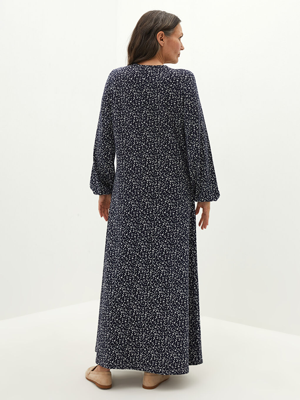 Lacivert Bisiklet Yaka Desenli Uzun Kollu Viskon Kadın Elbise-3