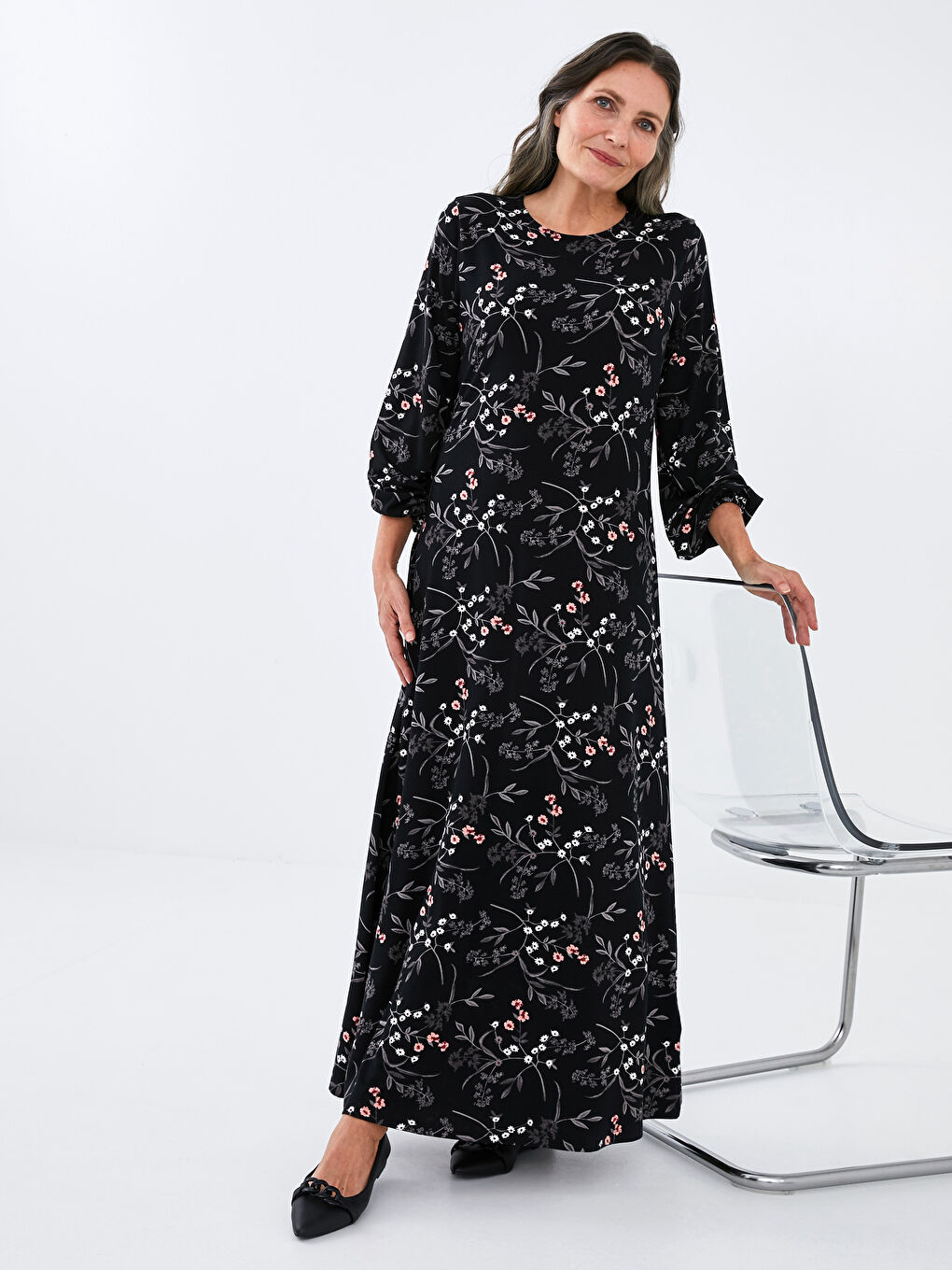 Siyah Bisiklet Yaka Desenli Uzun Kollu Viskon Kadın Elbise-4