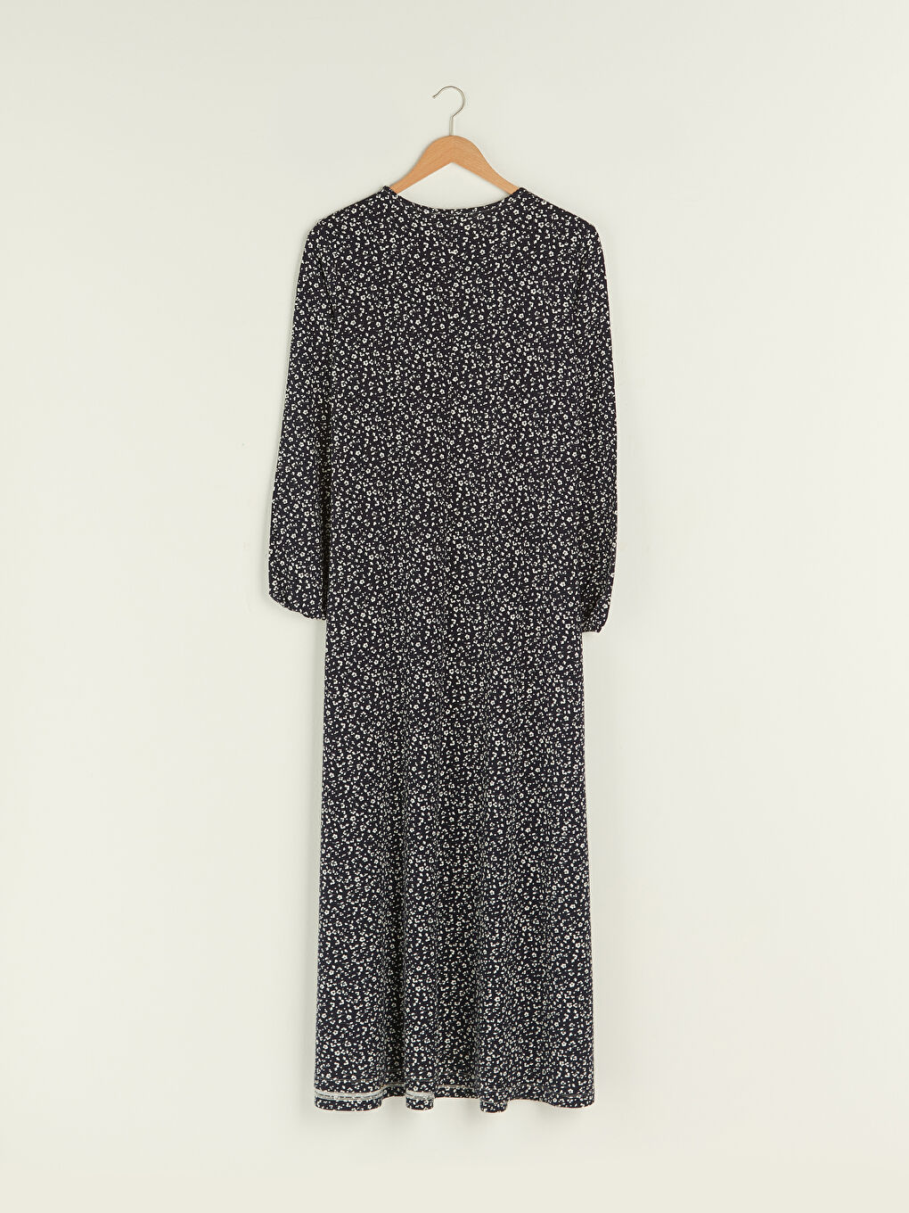 Lacivert Bisiklet Yaka Desenli Uzun Kollu Viskon Kadın Elbise-6