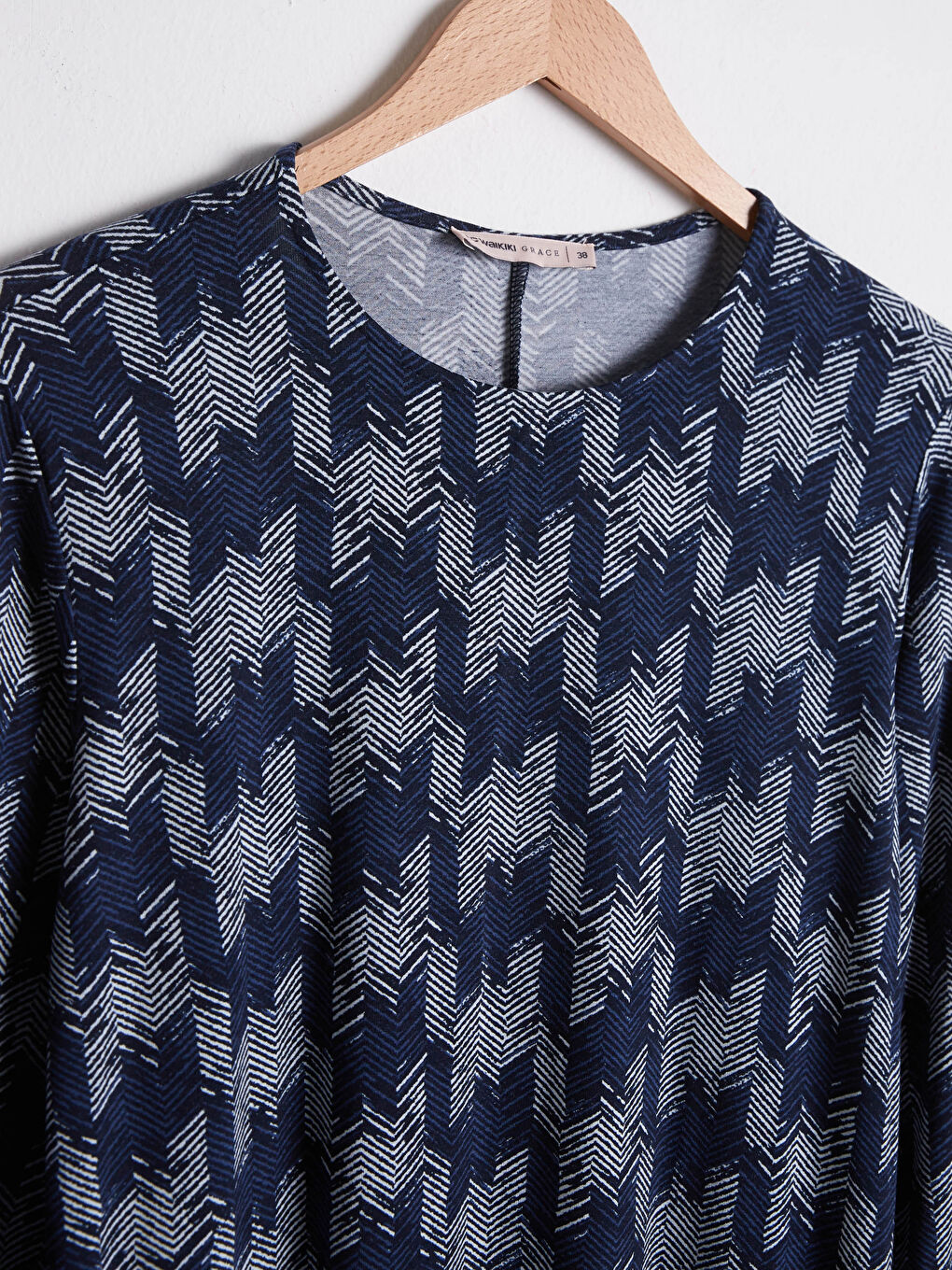 Mavi Bisiklet Yaka Desenli Uzun Kollu Viskon Kadın Elbise-11