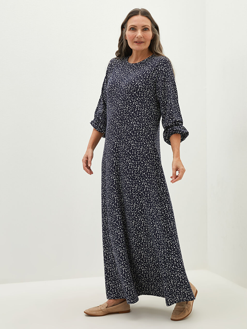 Lacivert Bisiklet Yaka Desenli Uzun Kollu Viskon Kadın Elbise-4