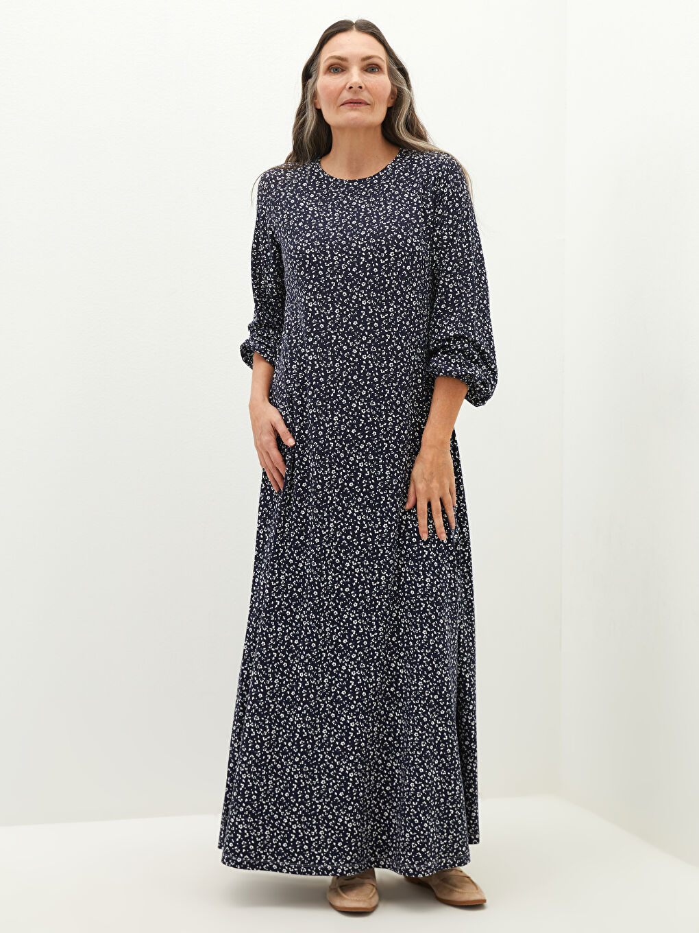 Lacivert Bisiklet Yaka Desenli Uzun Kollu Viskon Kadın Elbise