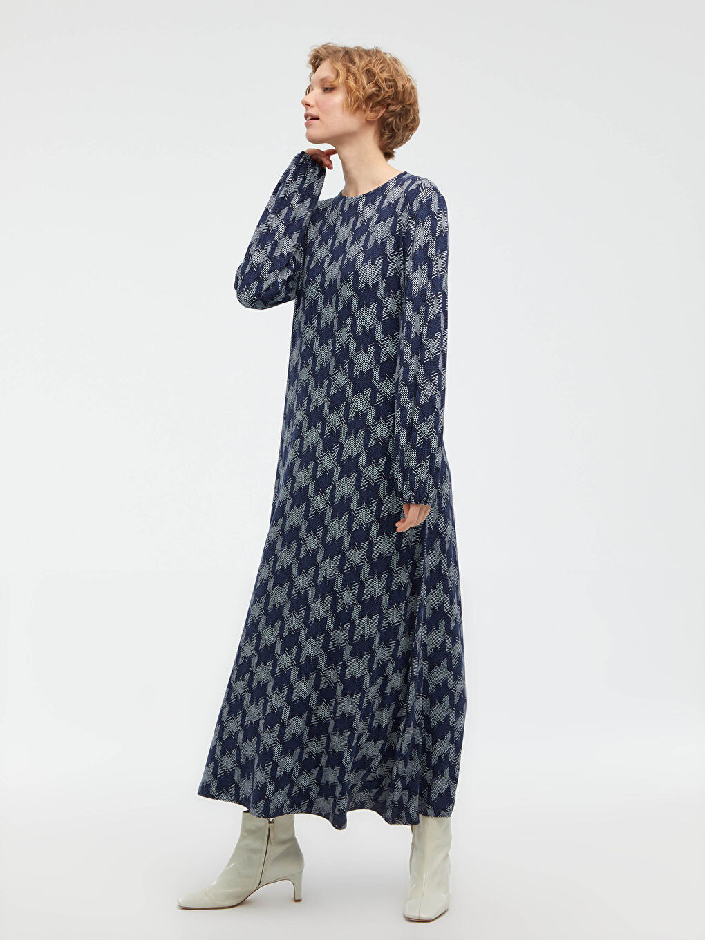 Mavi Bisiklet Yaka Desenli Uzun Kollu Viskon Kadın Elbise-8