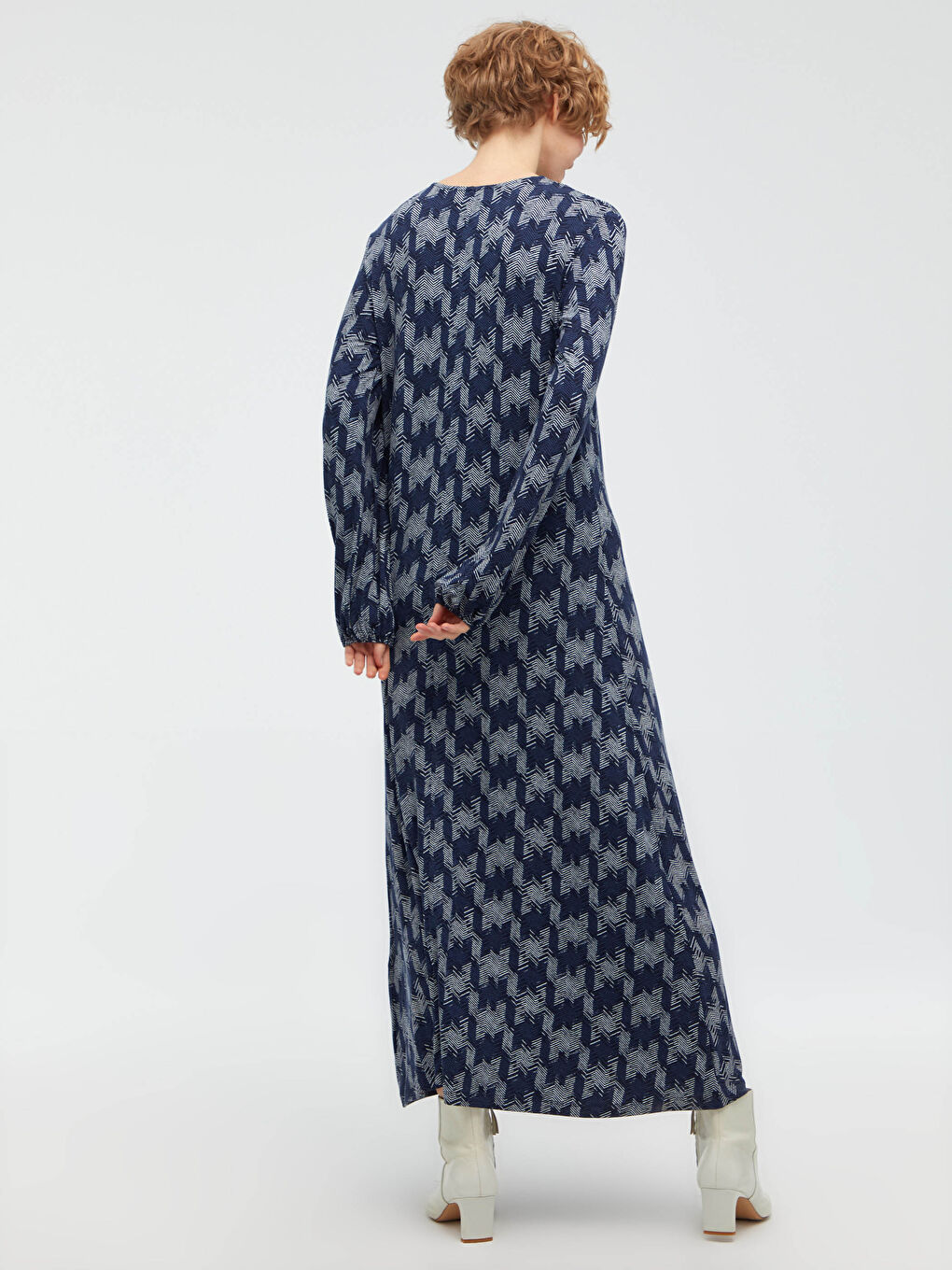 Mavi Bisiklet Yaka Desenli Uzun Kollu Viskon Kadın Elbise-4