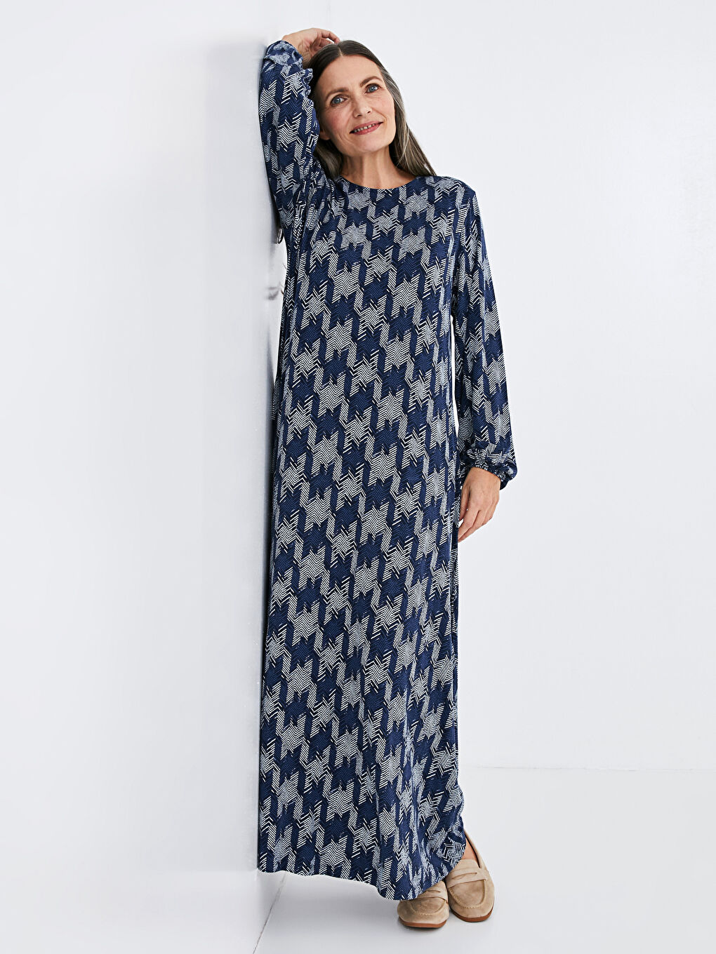 Mavi Bisiklet Yaka Desenli Uzun Kollu Viskon Kadın Elbise