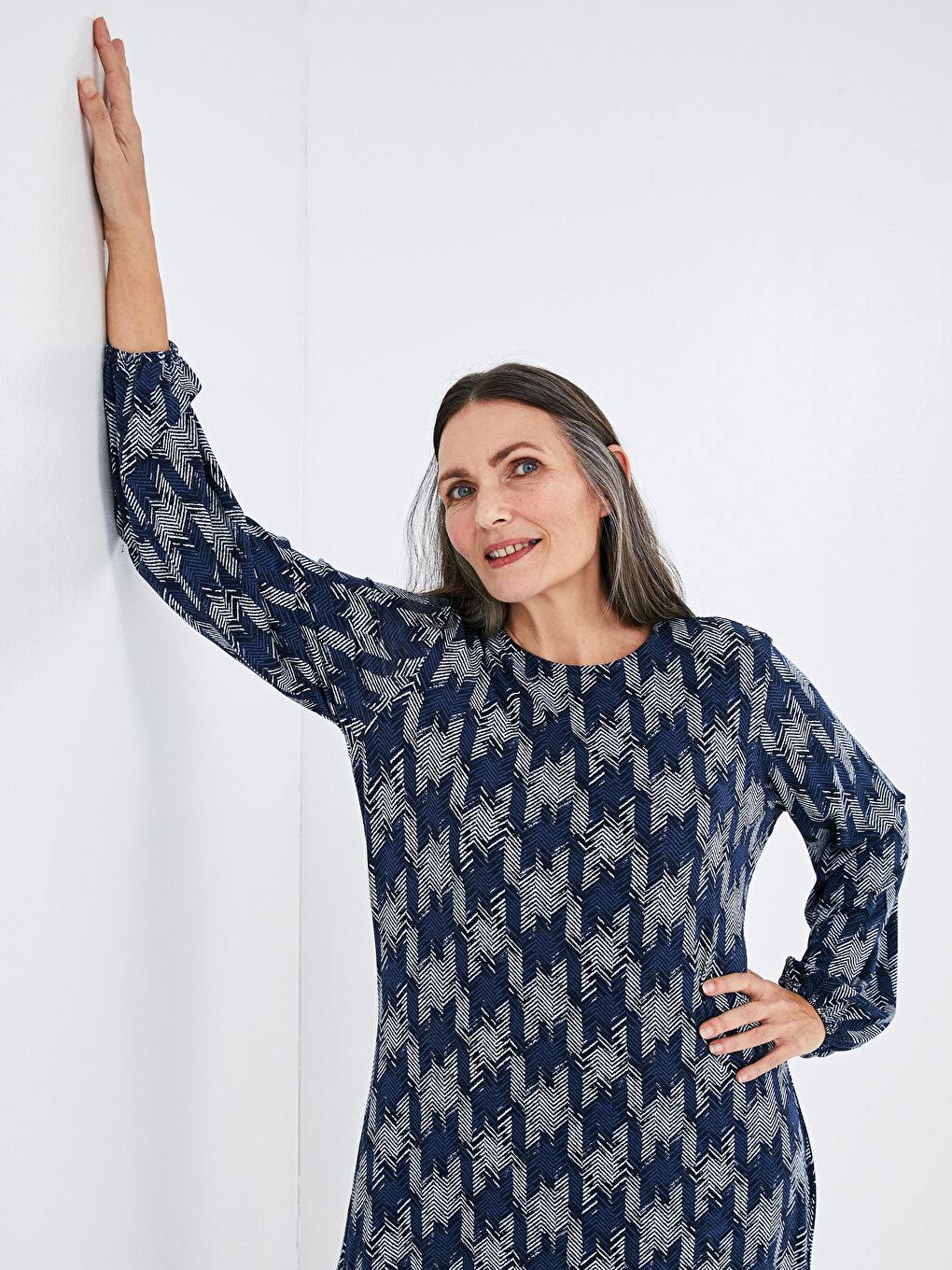 Mavi Bisiklet Yaka Desenli Uzun Kollu Viskon Kadın Elbise-2