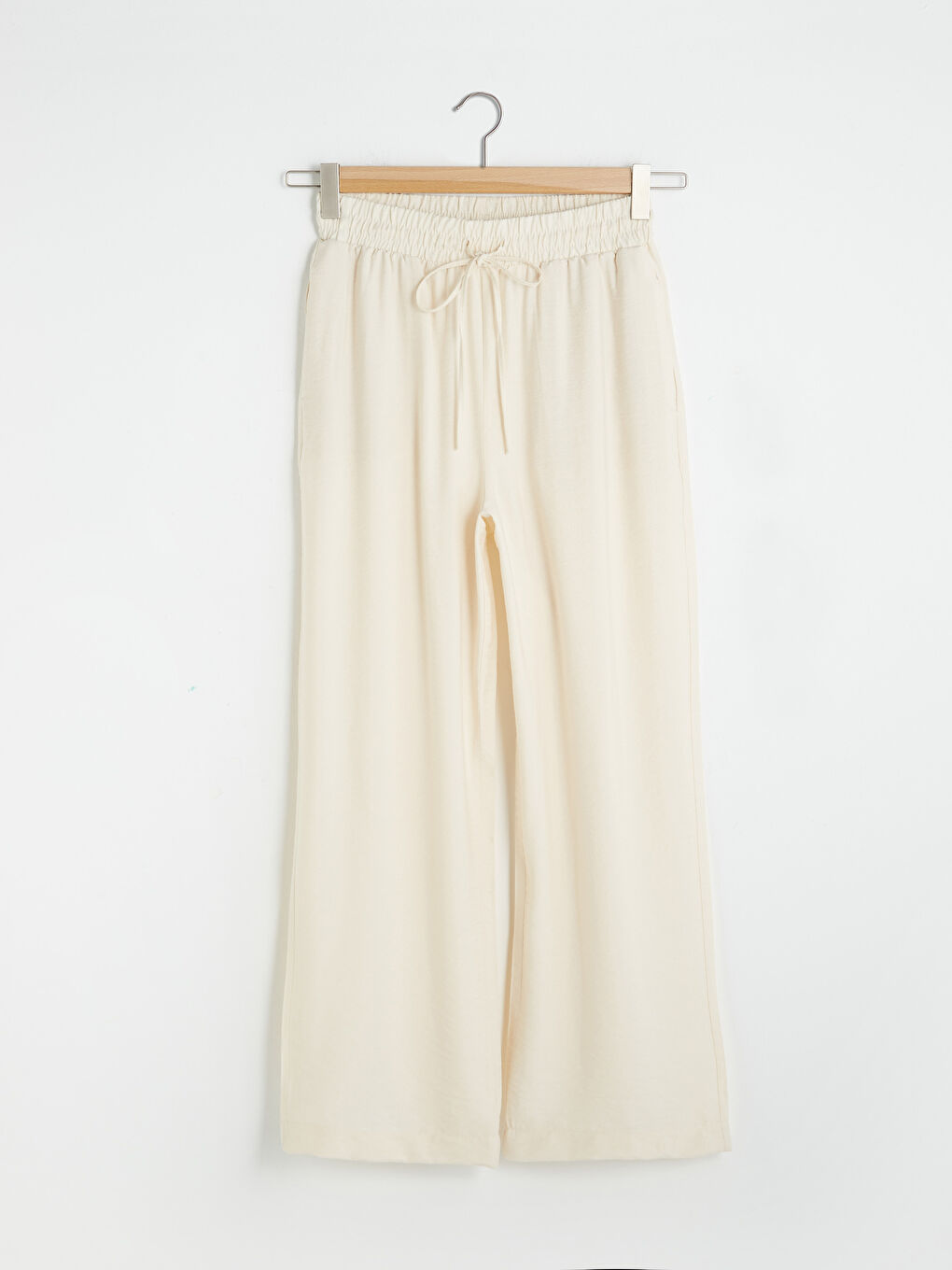 Bej Beli Lastikli Düz Palazzo Pantolon-5