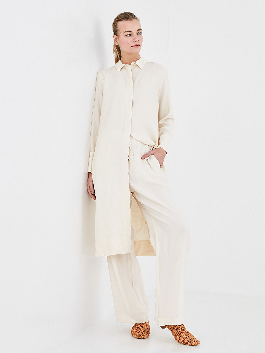 Bej Beli Lastikli Düz Palazzo Pantolon-1