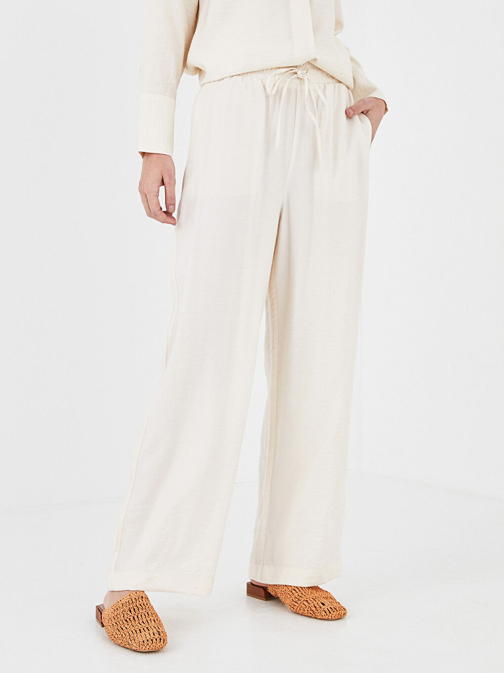 Bej Beli Lastikli Düz Palazzo Pantolon-2