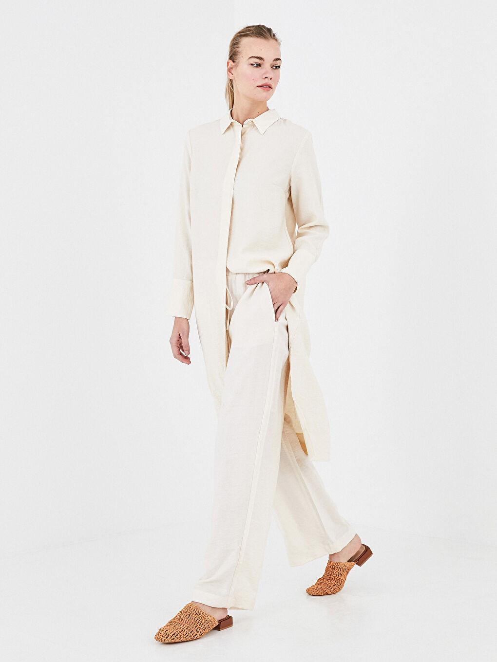 Bej Beli Lastikli Düz Palazzo Pantolon-4