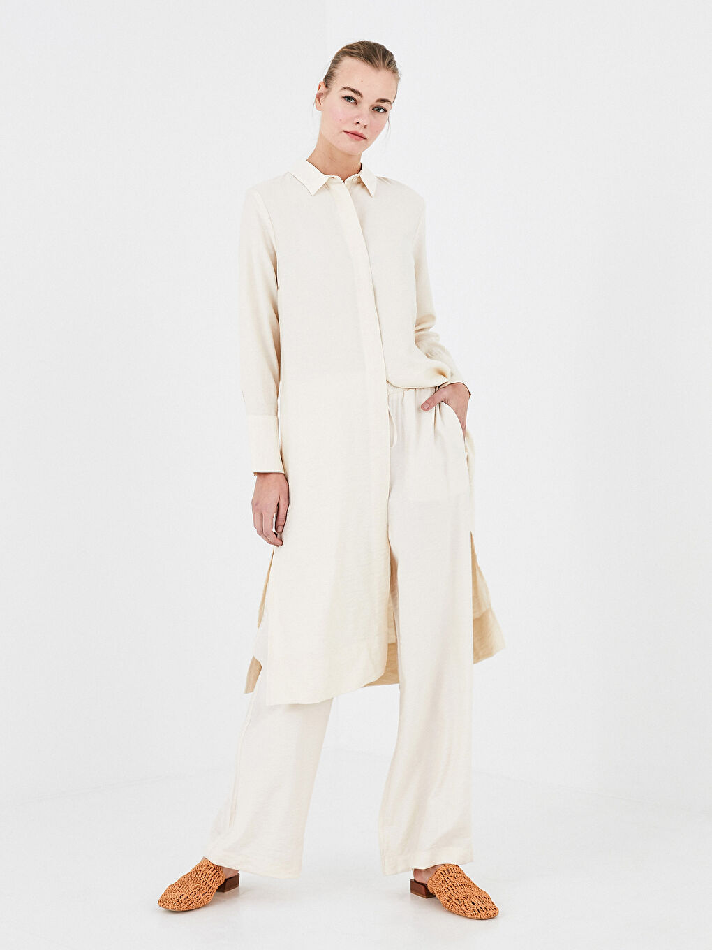 Bej Beli Lastikli Düz Palazzo Pantolon