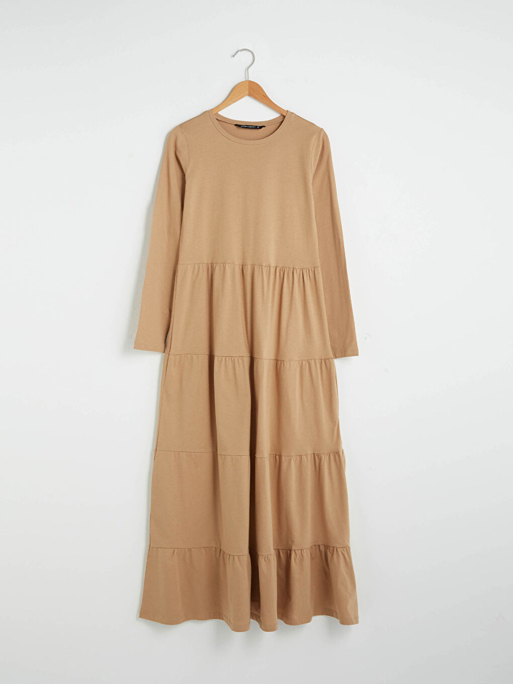 Bej Bisiklet Yaka Fırfır Detaylı Uzun Kollu Kadın Elbise-6