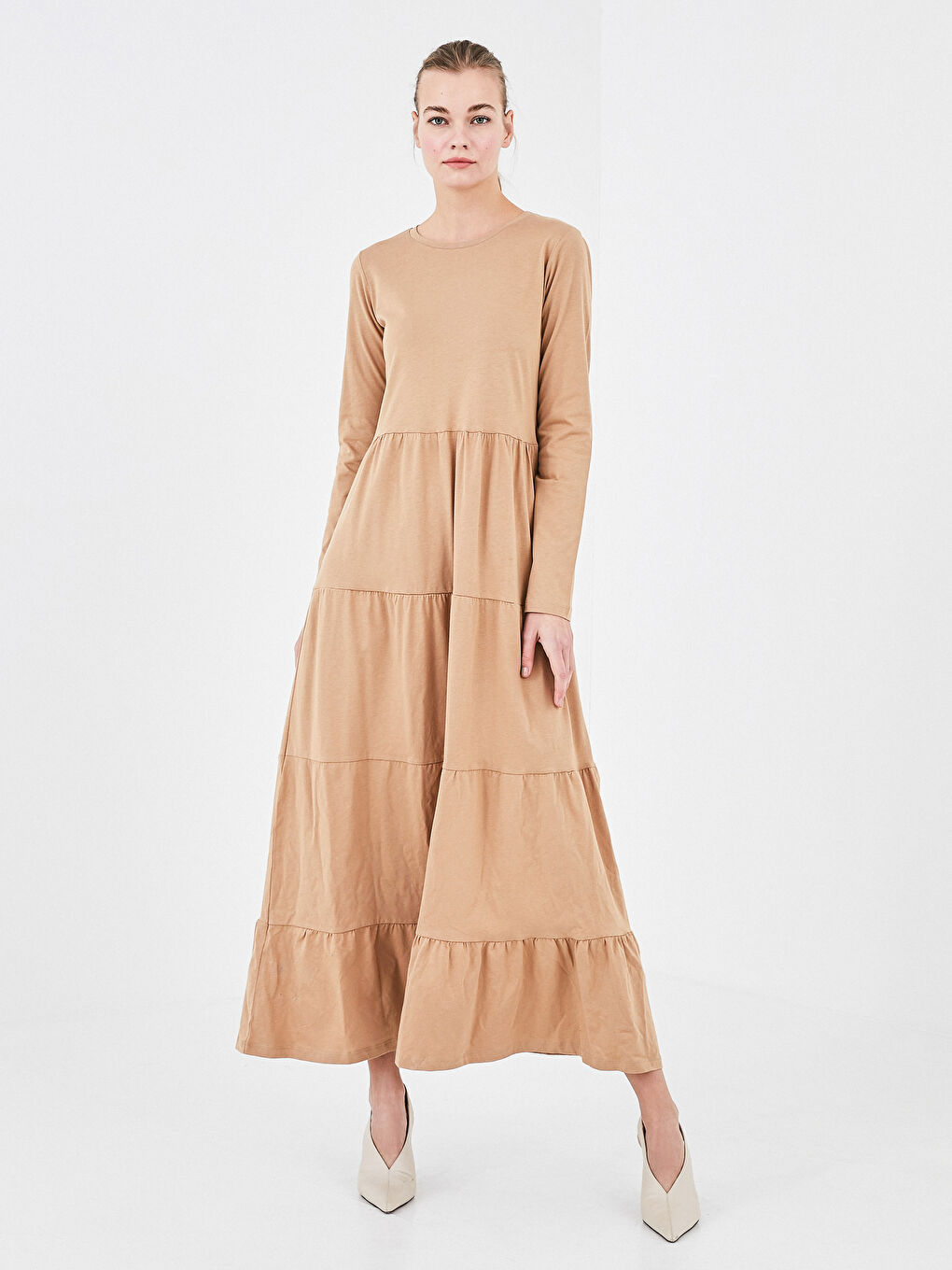 Bej Bisiklet Yaka Fırfır Detaylı Uzun Kollu Kadın Elbise-1