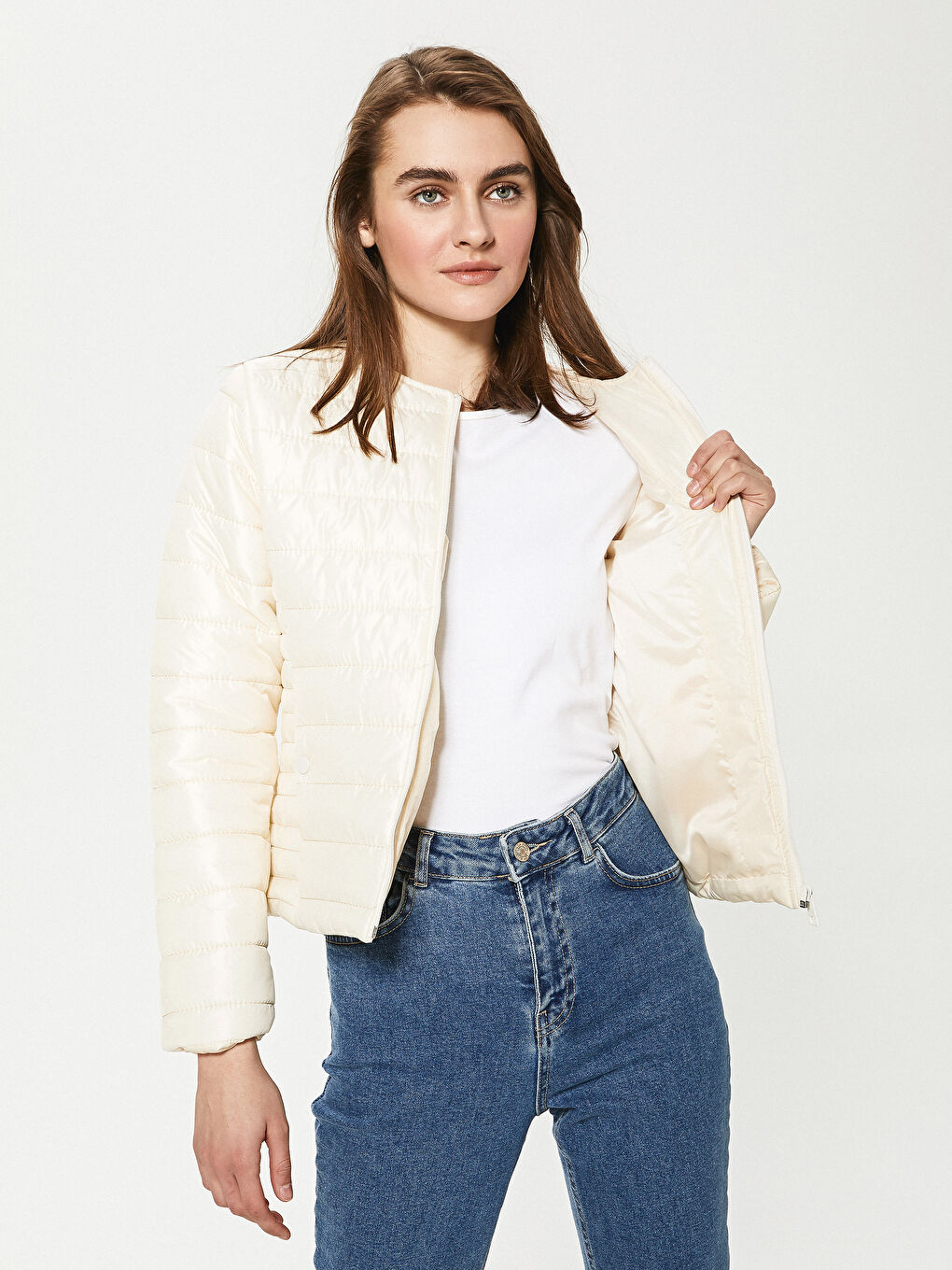 Bej Bisiklet Yaka Cep Detaylı  Kadın Şişme Mont-1