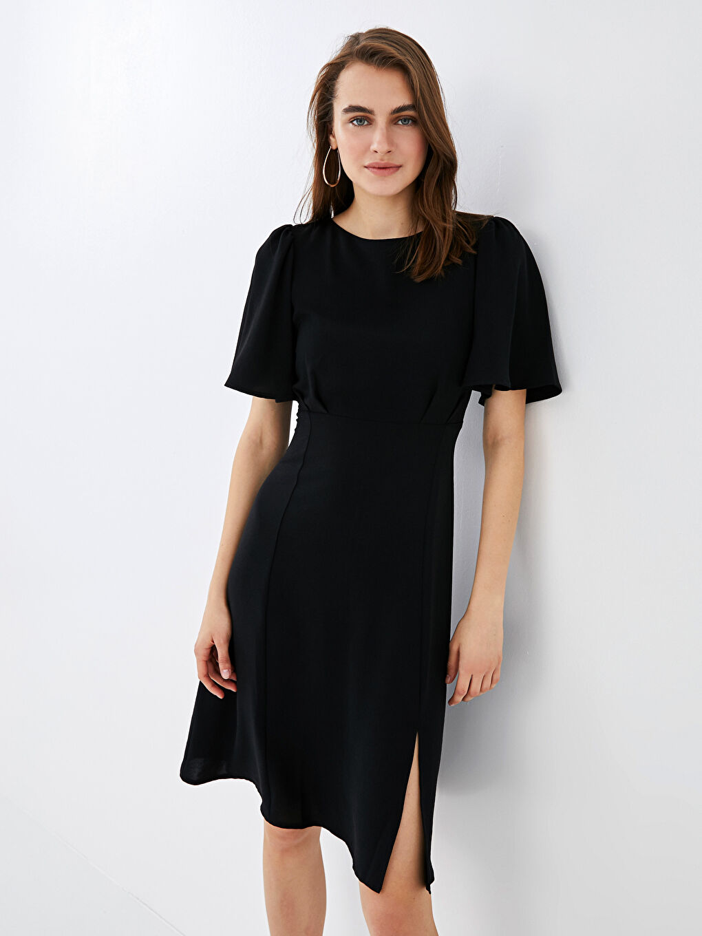 Bisiklet Yaka Kısa Kollu Kadın Krep Elbise-1