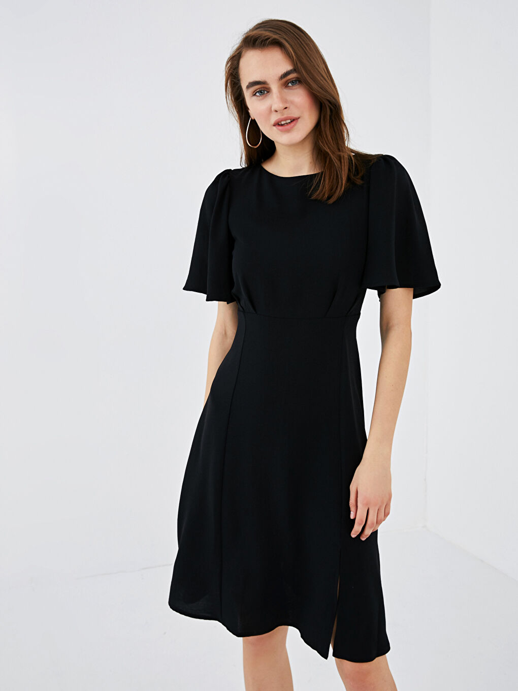 Bisiklet Yaka Kısa Kollu Kadın Krep Elbise-2