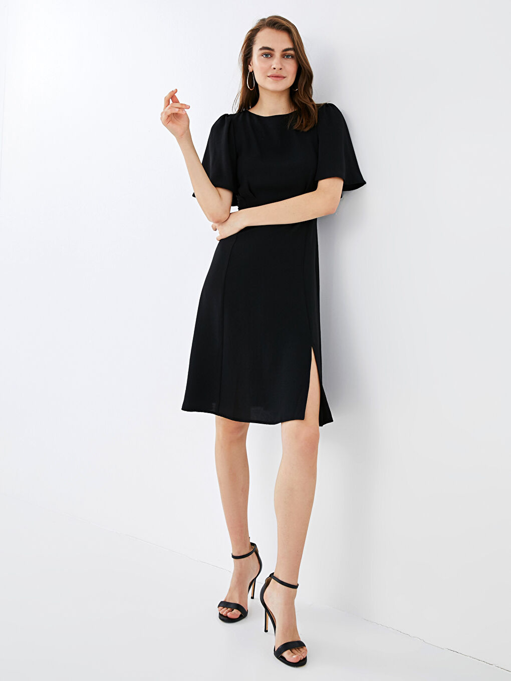 Bisiklet Yaka Kısa Kollu Kadın Krep Elbise-4