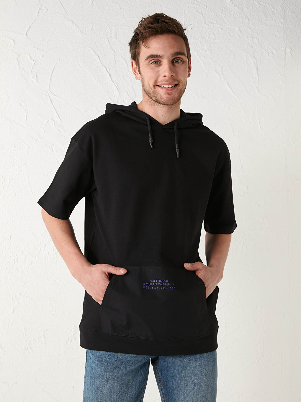 Siyah Kısa Kollu Baskılı Erkek Hoodie-2