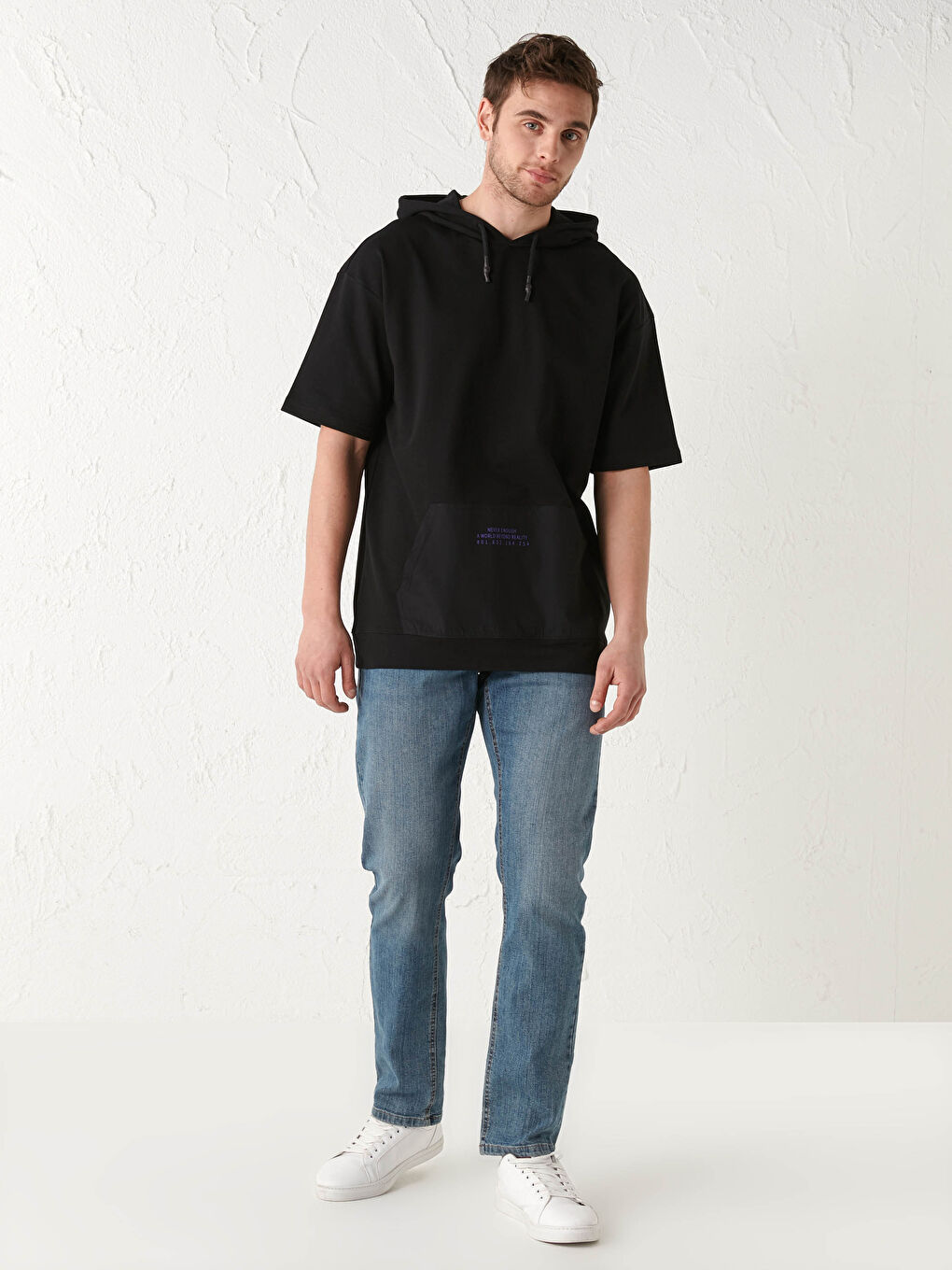 Siyah Kısa Kollu Baskılı Erkek Hoodie-3