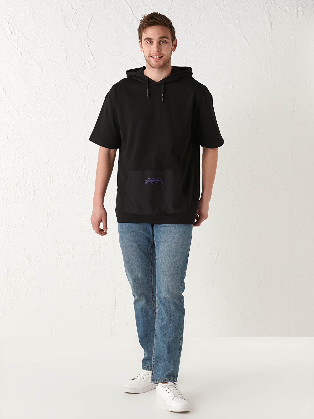 Siyah Kısa Kollu Baskılı Erkek Hoodie-4